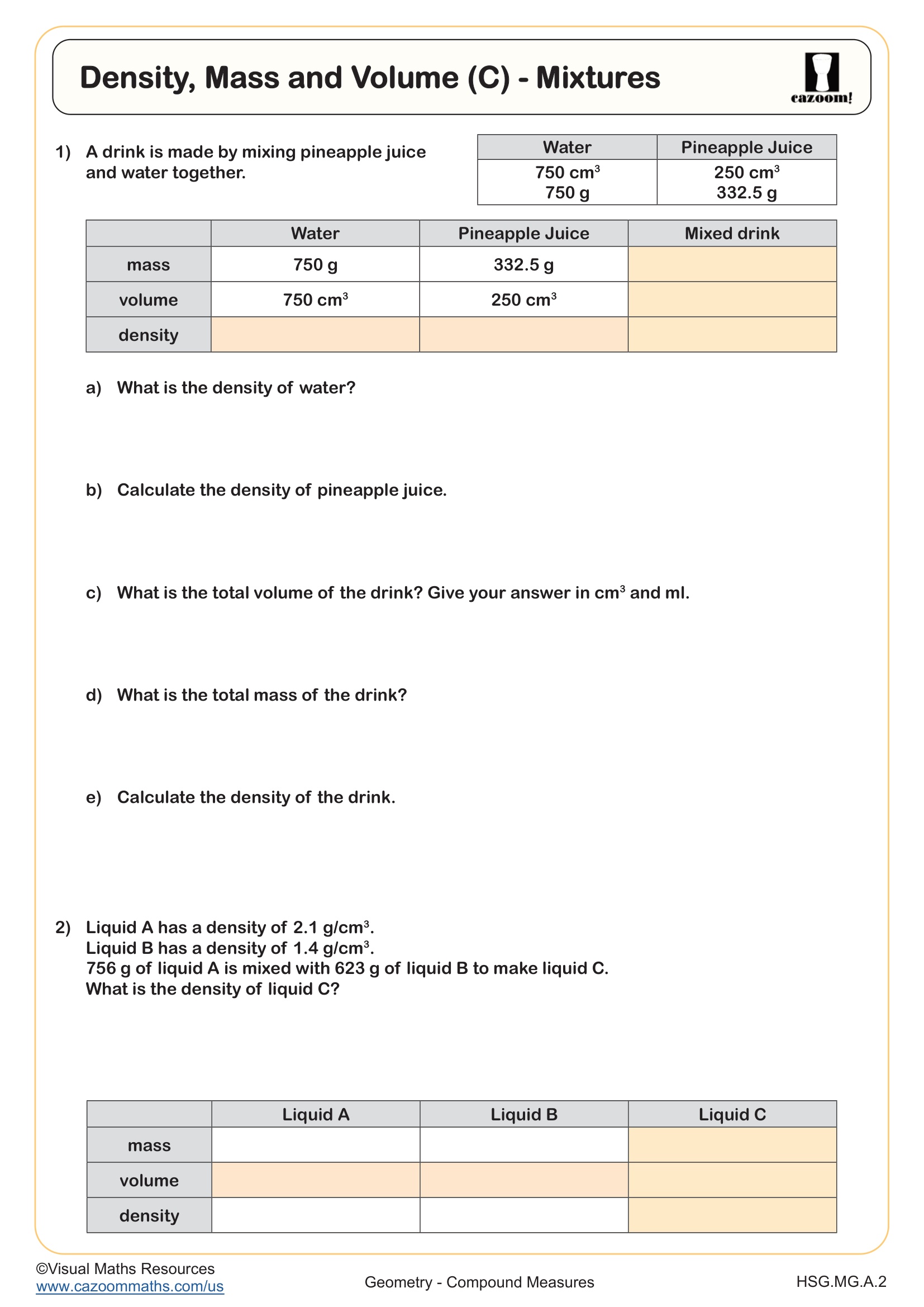 Preview of Density, Mass and Volume (C) - Mixtures