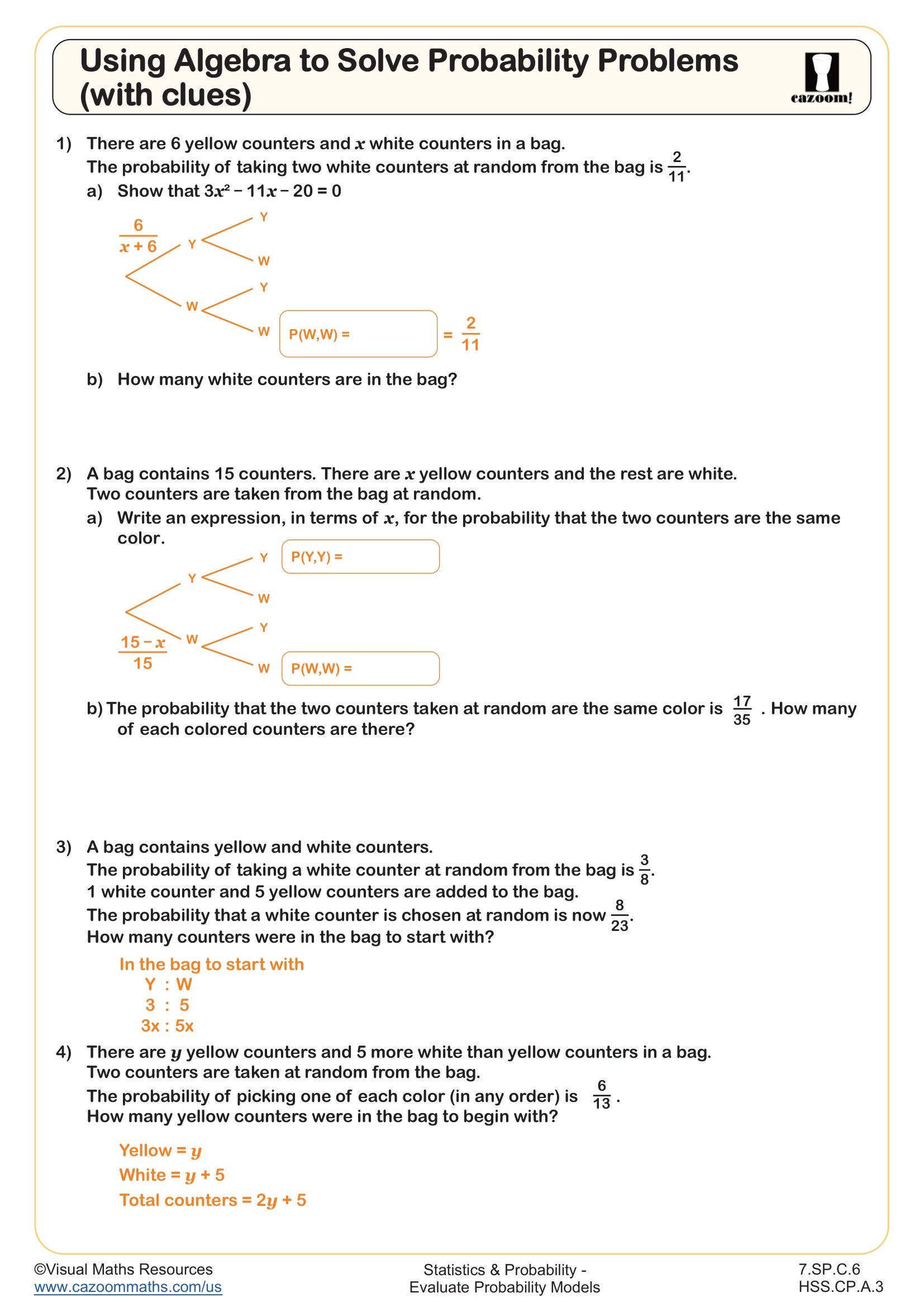 Preview of Using Algebra to Solve Probability Problems (with clues)