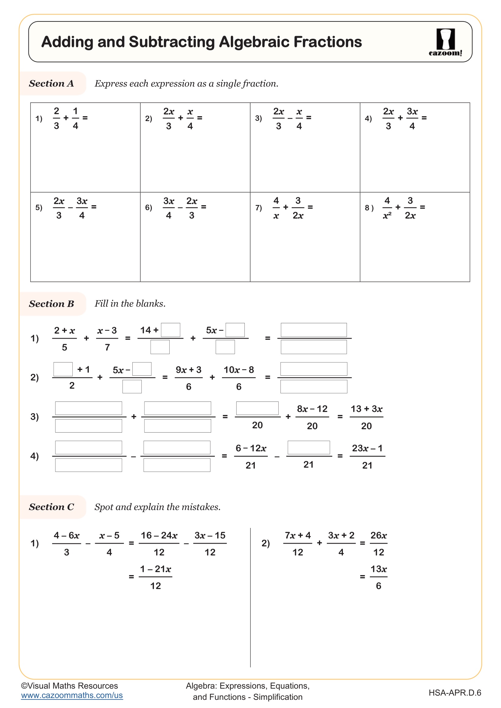 Preview of Adding and Subtracting Algebraic Fractions