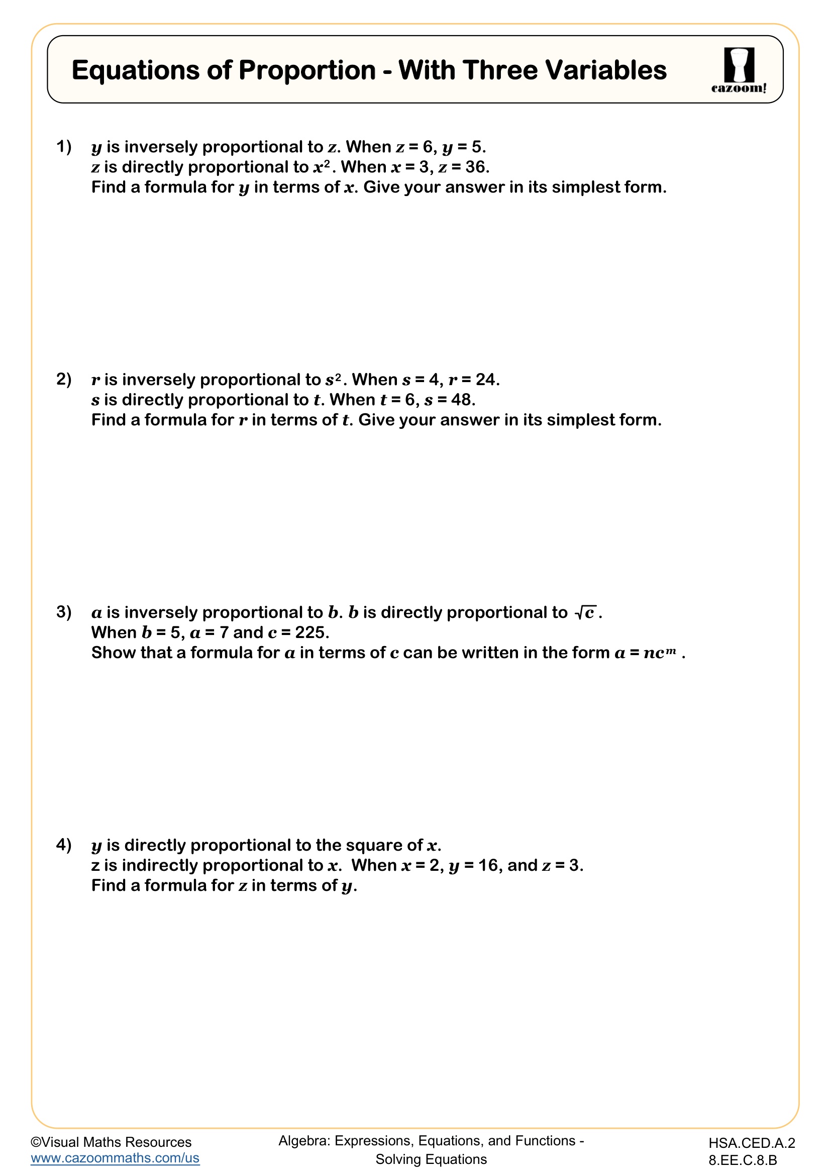 Preview of Equations of Proportion - with Three Variables