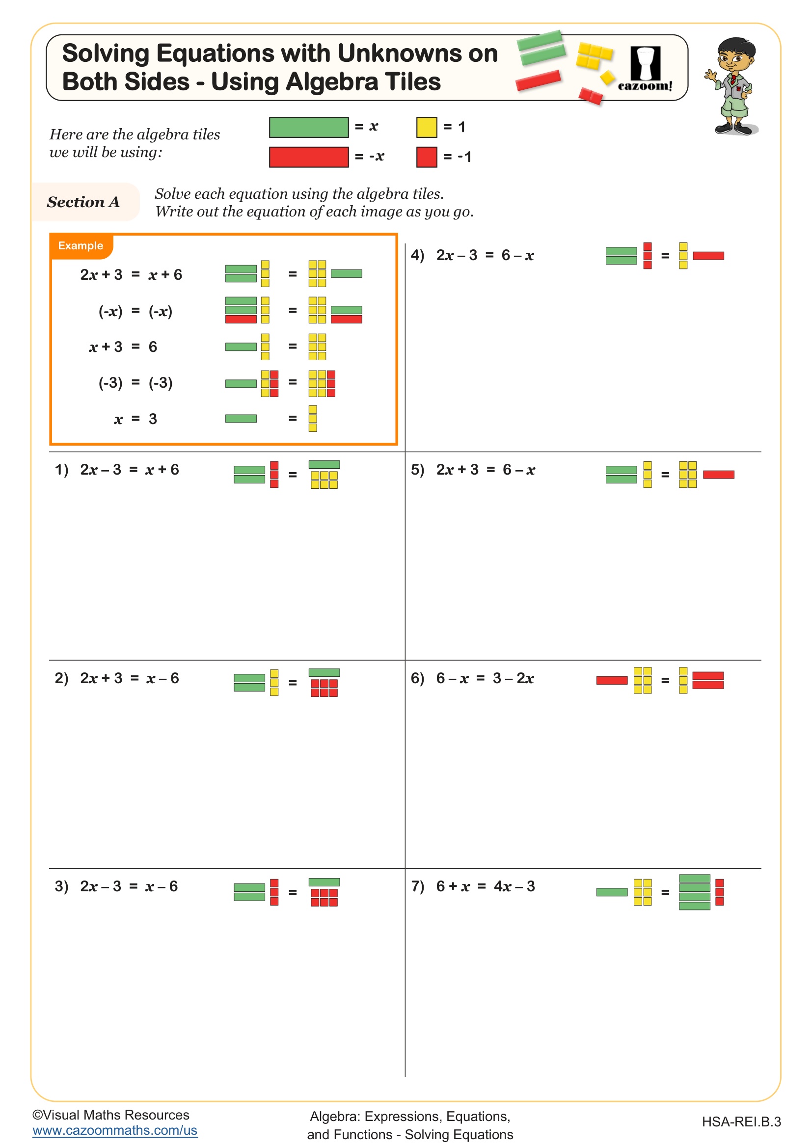 Preview of Solving Equations with Unknowns on Both Sides - Using Algebra Tiles