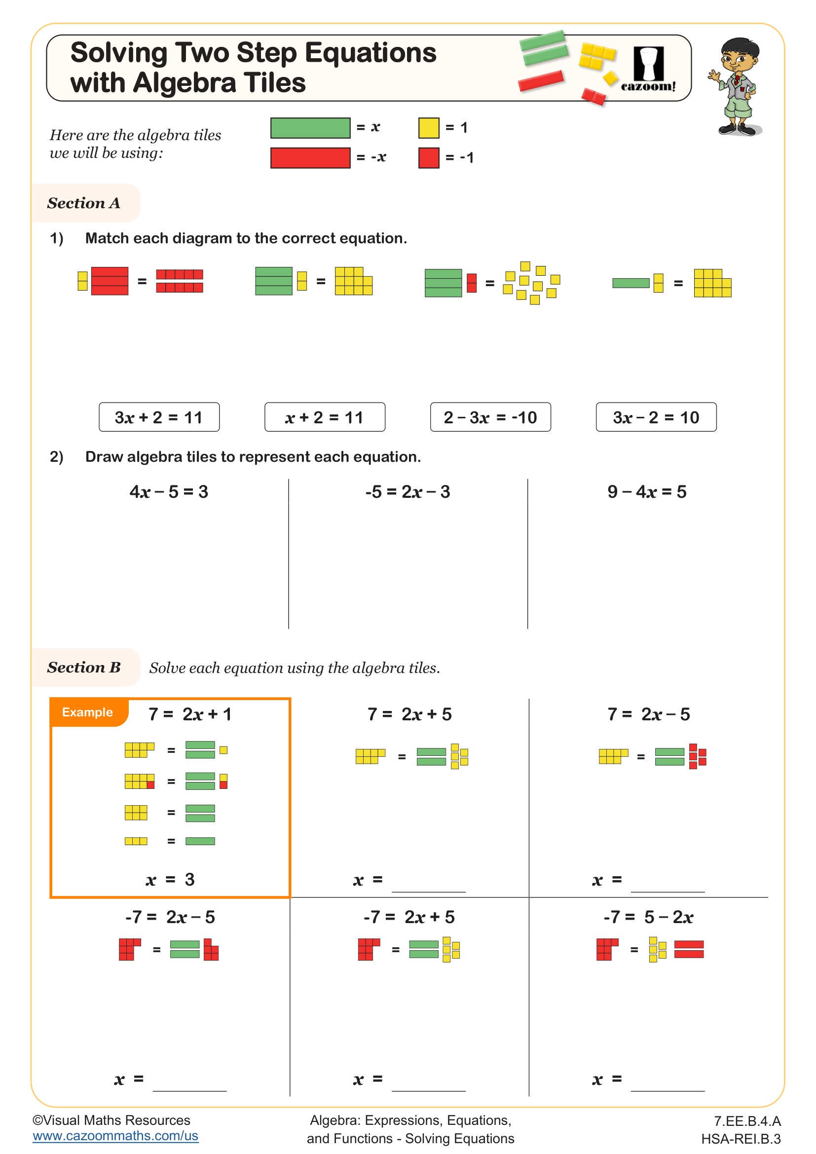 Preview of Solving Two Step Equations with Algebra Tiles