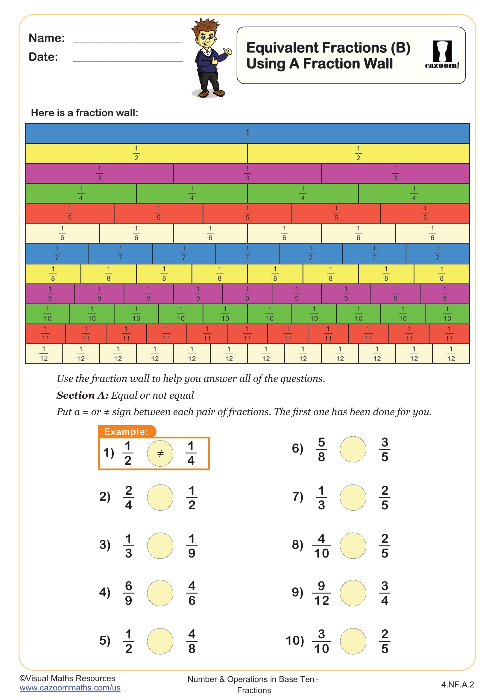 Preview of Equivalent Fractions Using a Fraction Wall (B)