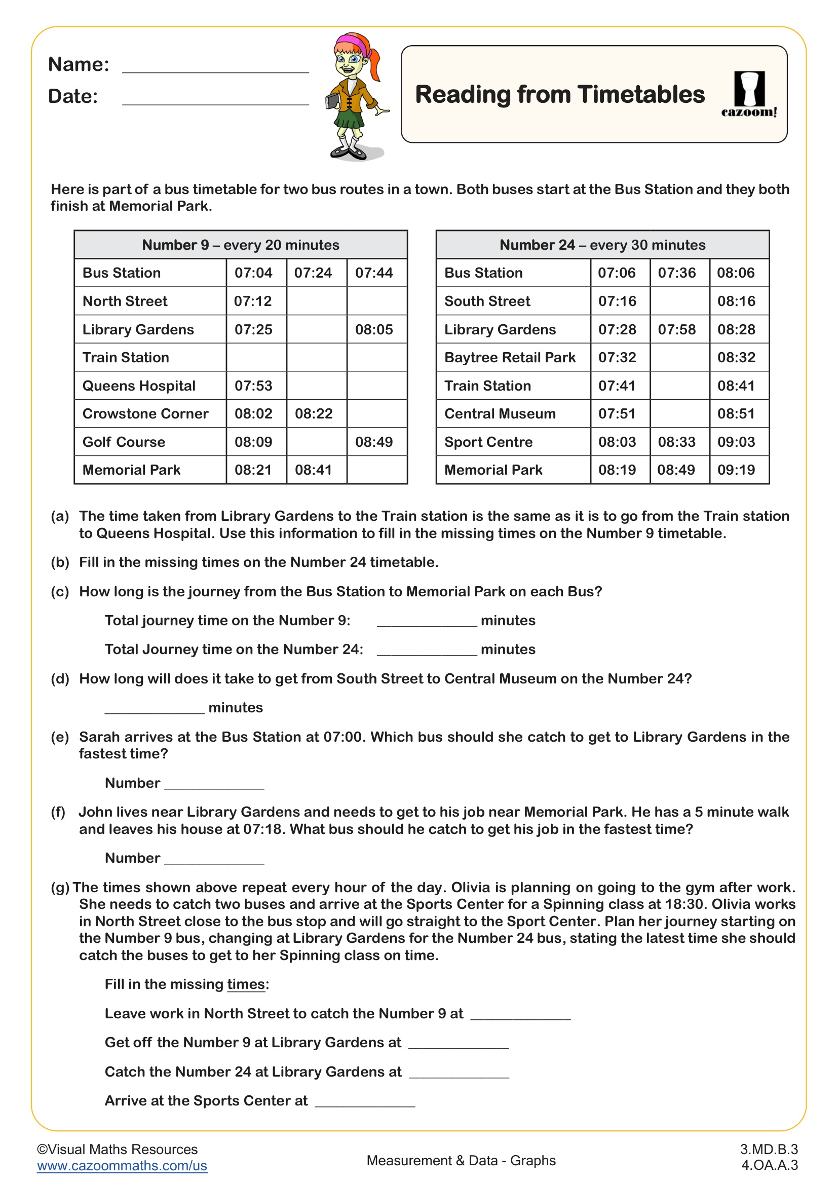 Preview of Reading from Time Tables