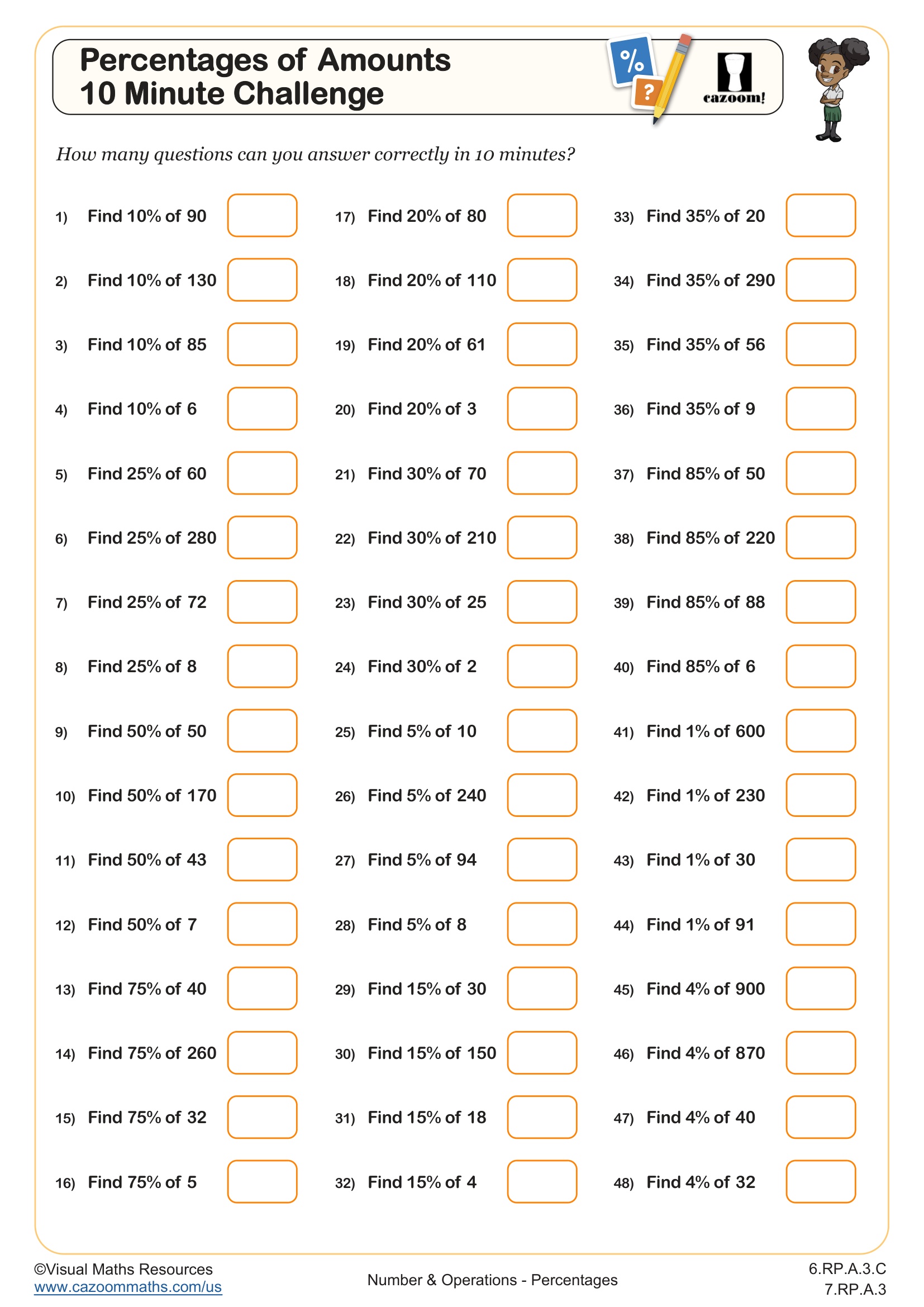 Preview of Percentages of Amounts 10 Minute Challenge