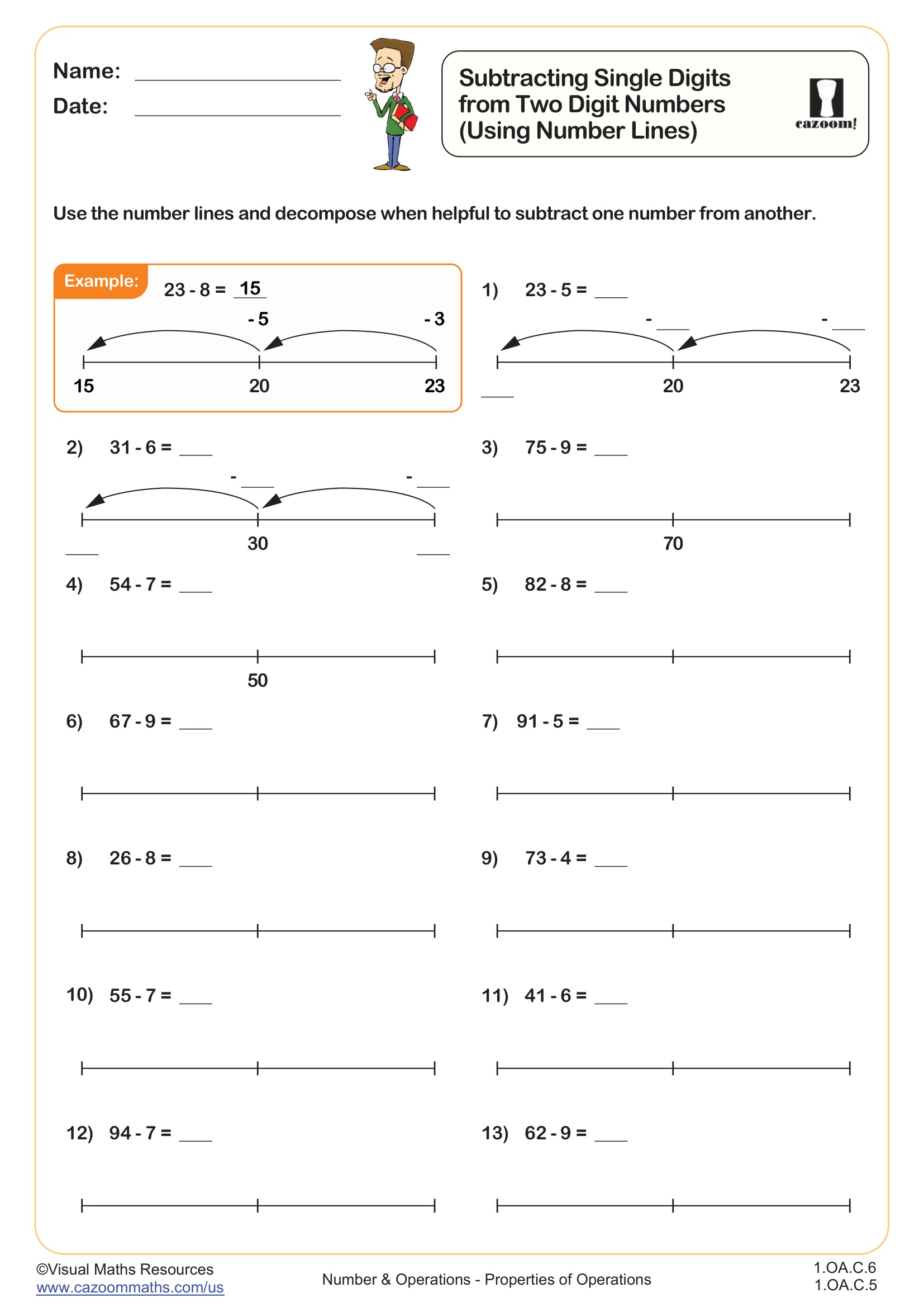 Preview of Subtracting Single Digits from Two Digit Numbers (Using Number Lines)