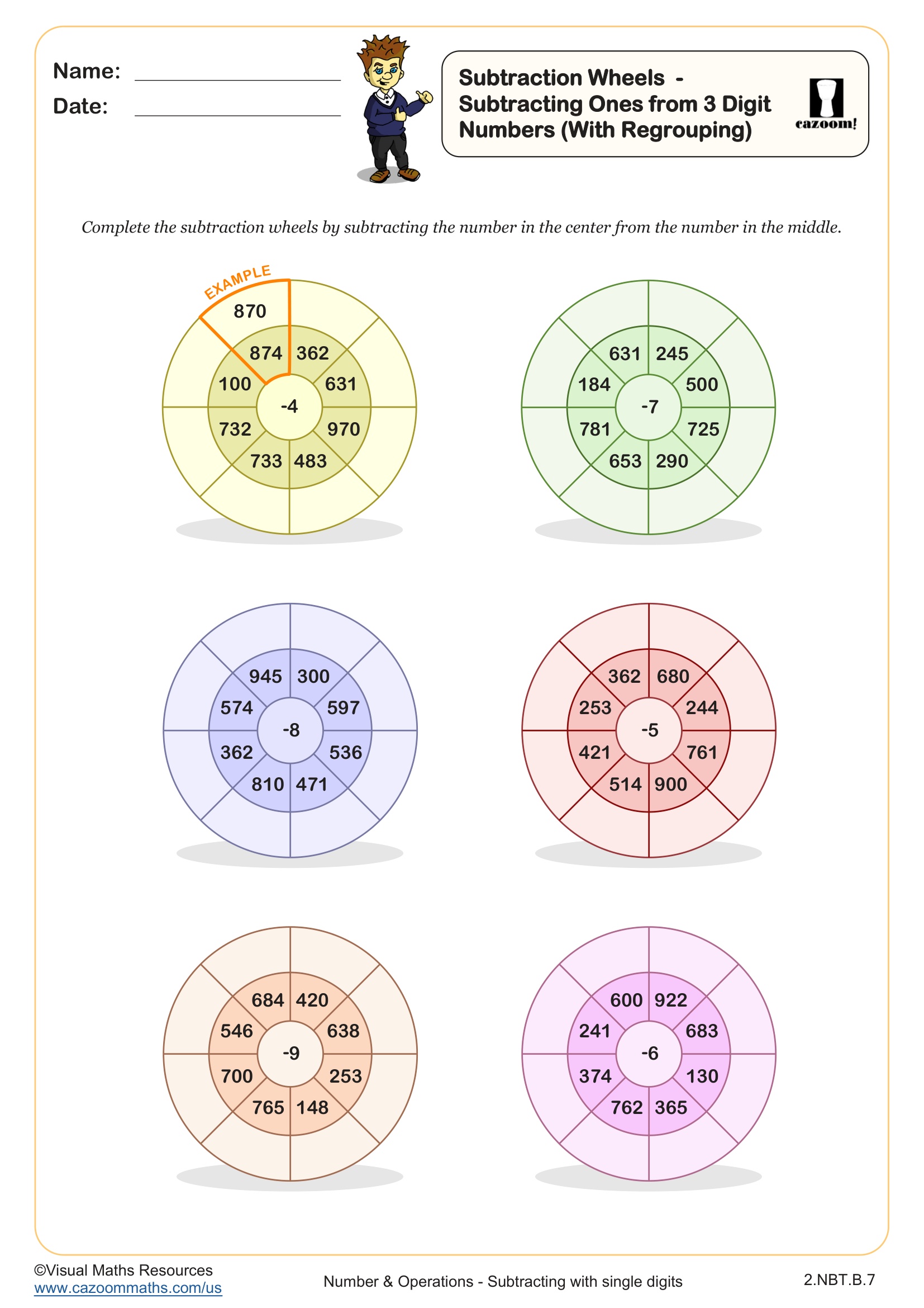 Preview of Subtraction Wheels  - Subtracting Ones from 3 Digit Numbers (With Regrouping)