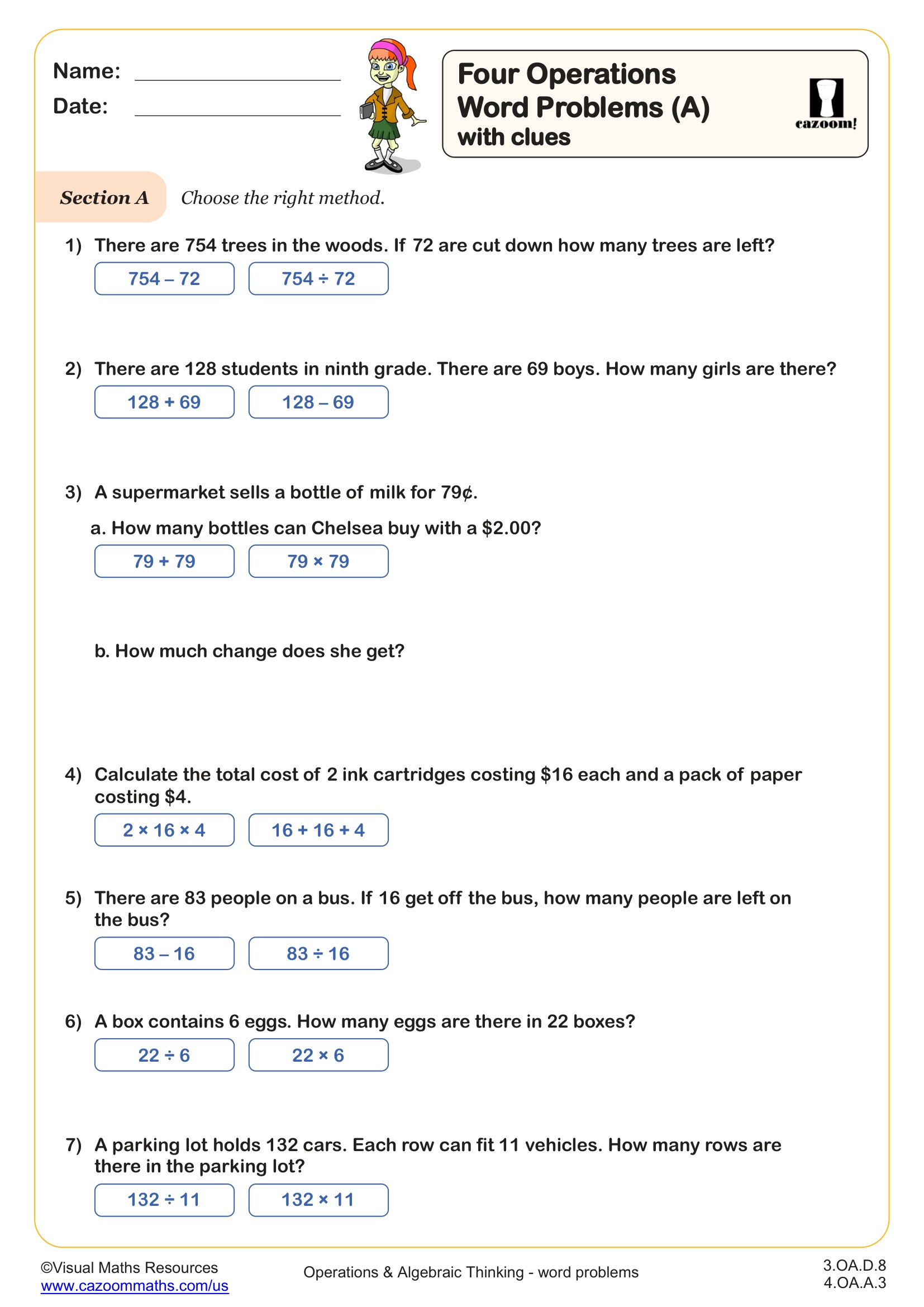 Preview of Four Operation Word Problems (A) with clues