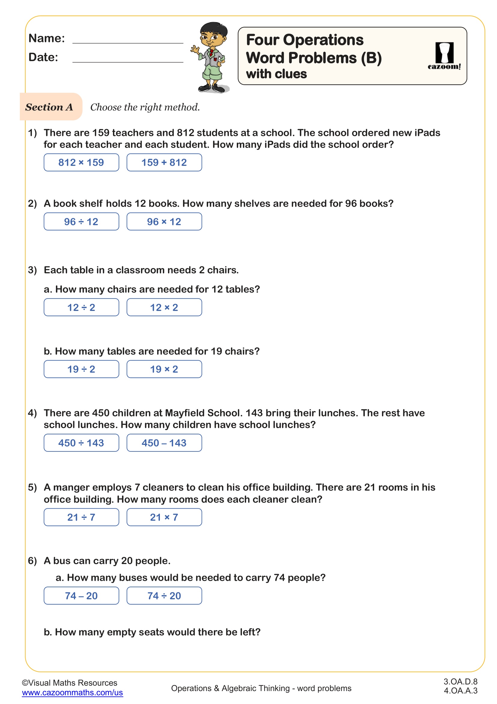 Preview of Four Operation Word Problems (B) with clues
