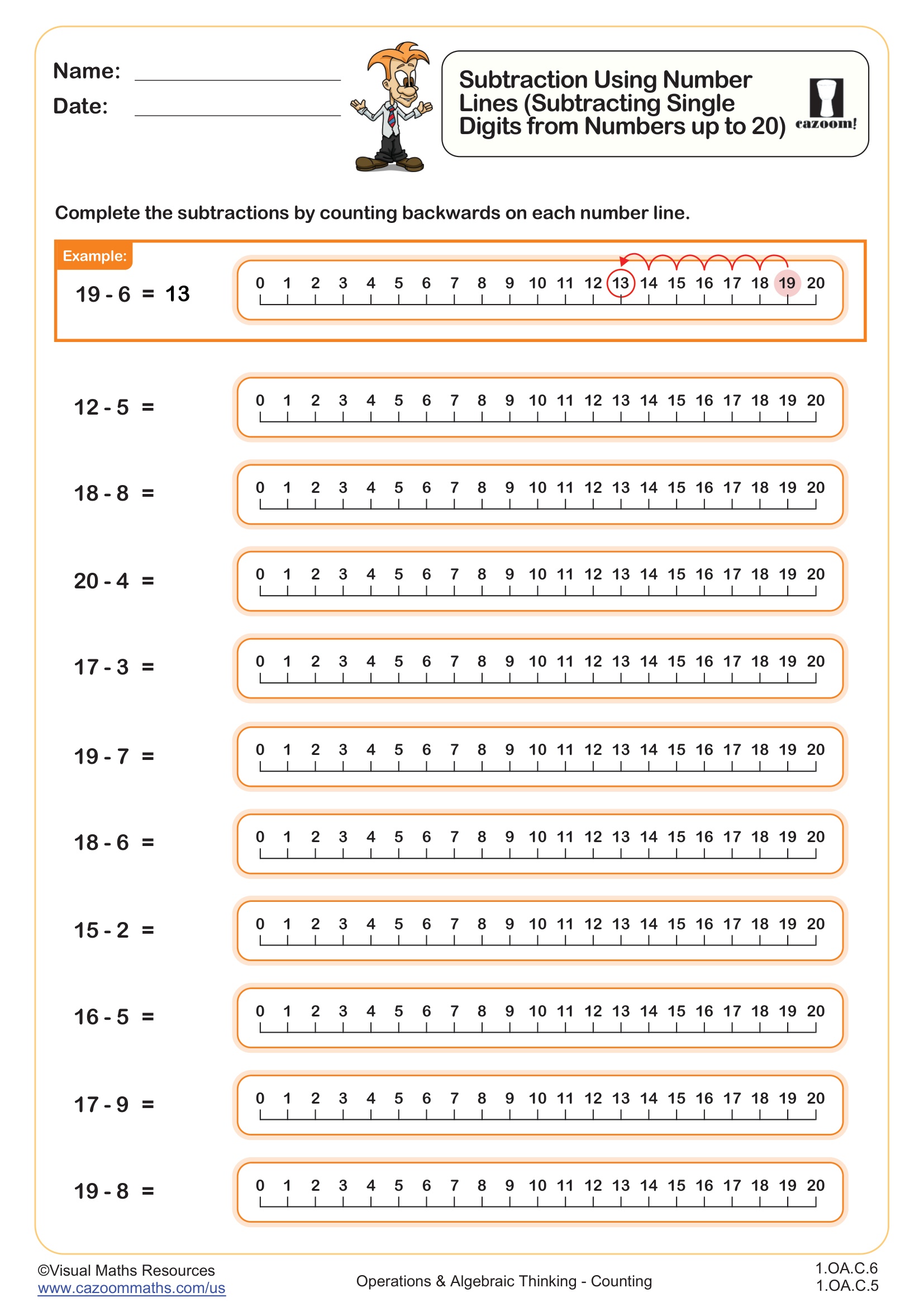 Preview of Subtraction Using Number Lines (Subtracting Single Digits from Numbers up to 20)