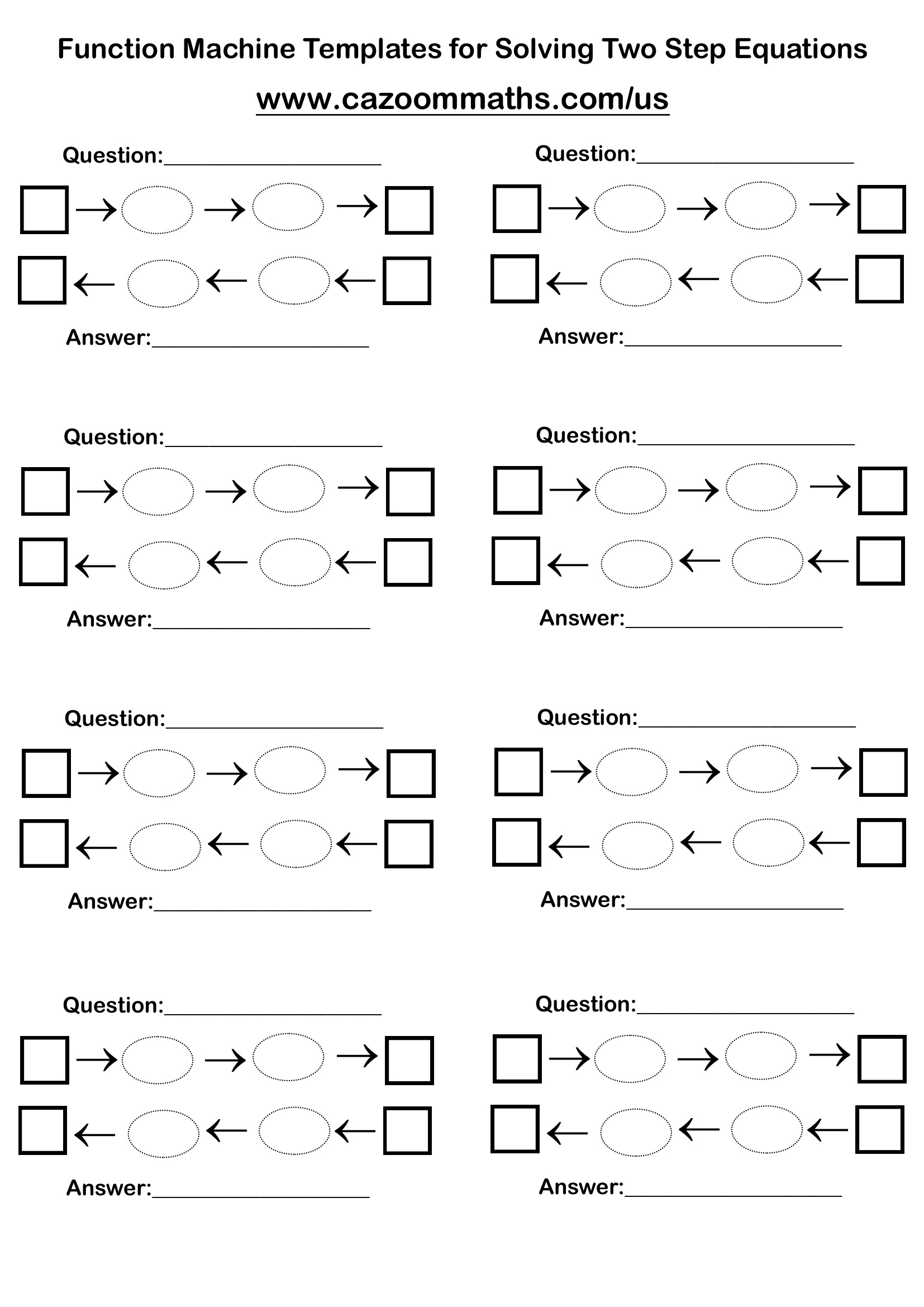 Function Machine Templates for Solving Two Step Equations Free Teaching Resource