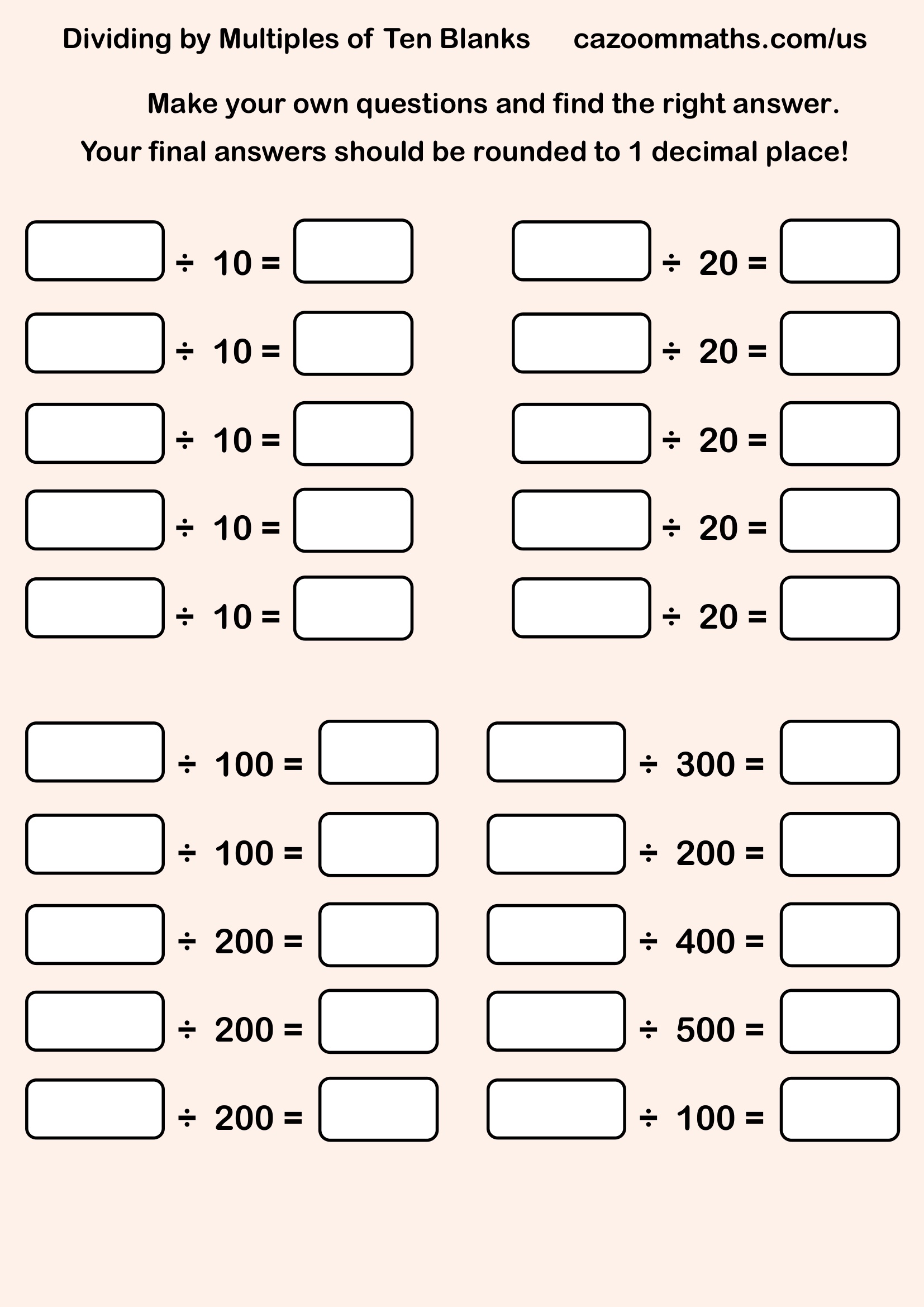 Dividing by Tens Blanks Harder Free Teaching Resource