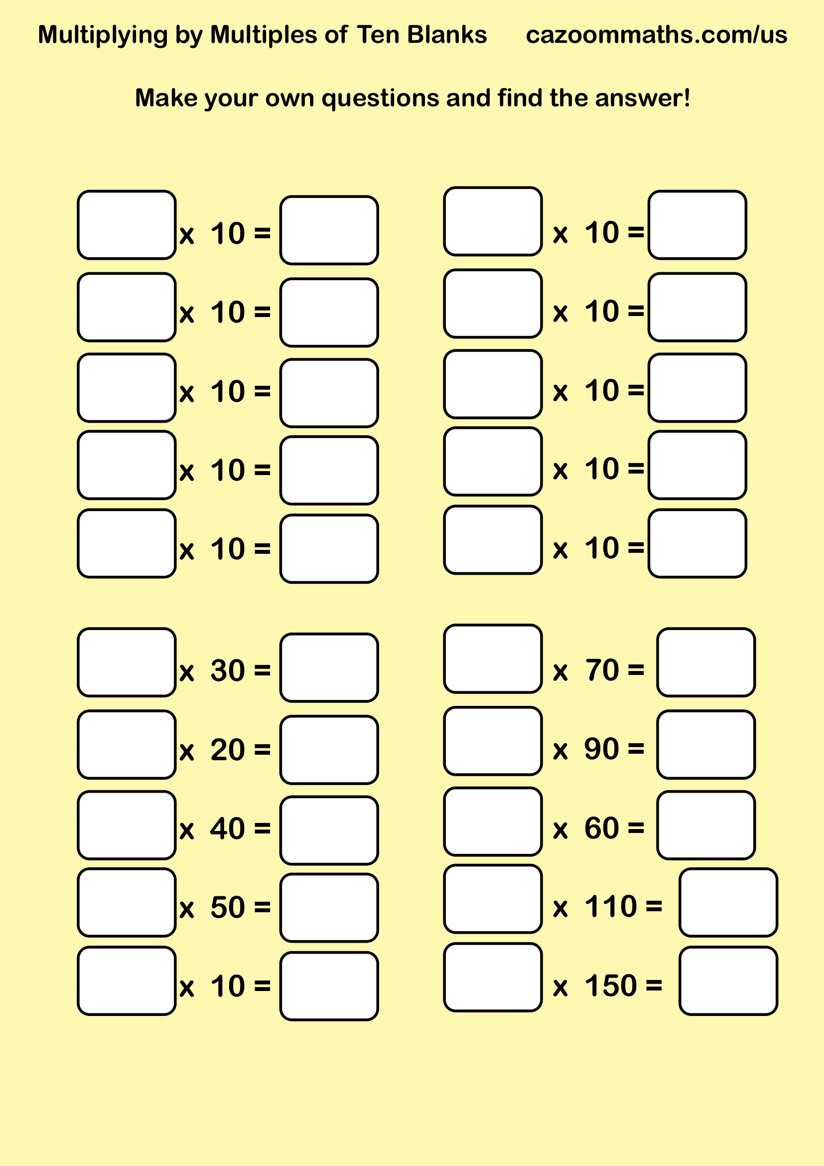 Multiplying by Ten Blanks Free Teaching Resource