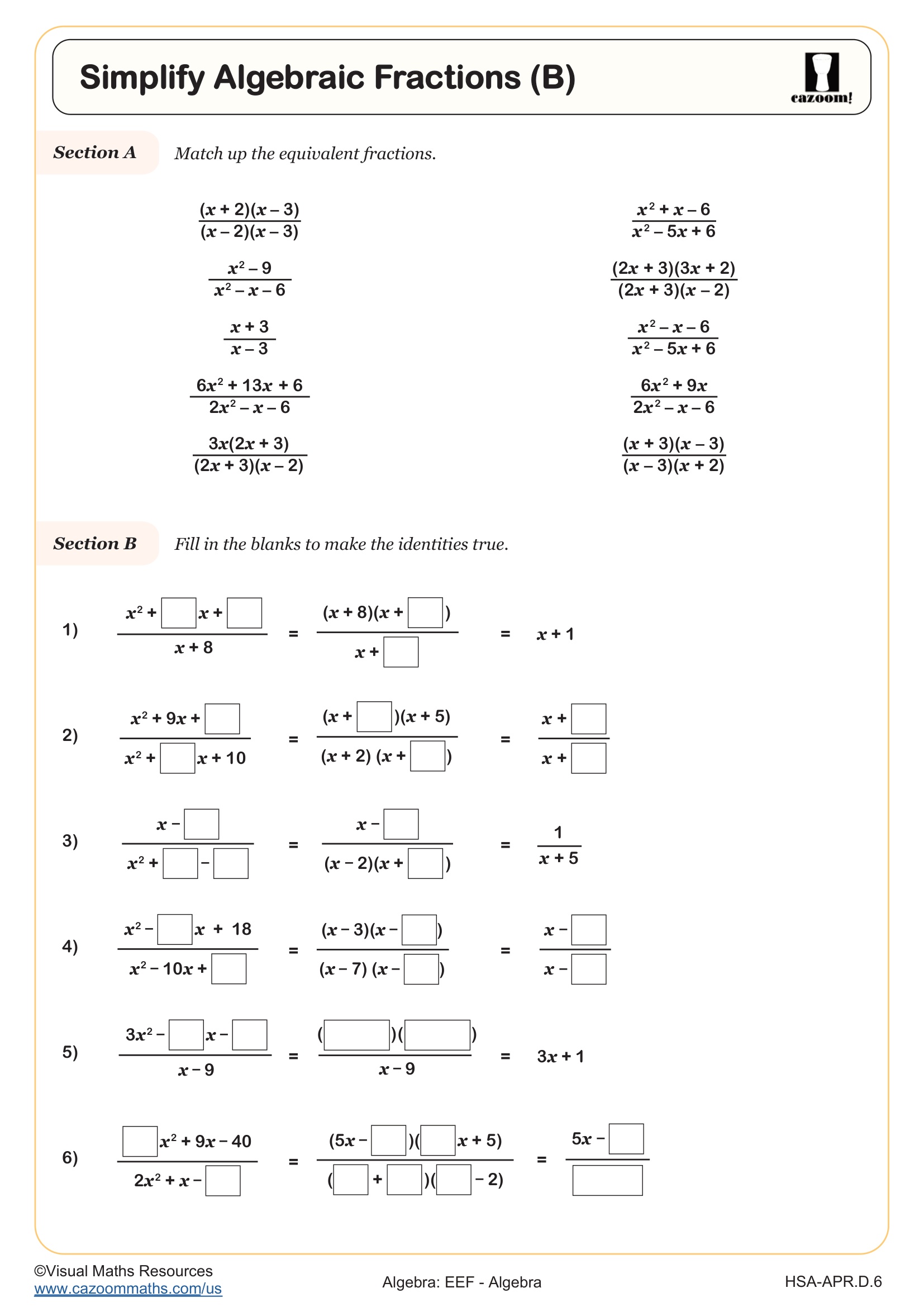Preview of Simplify Algebraic Fractions (B)