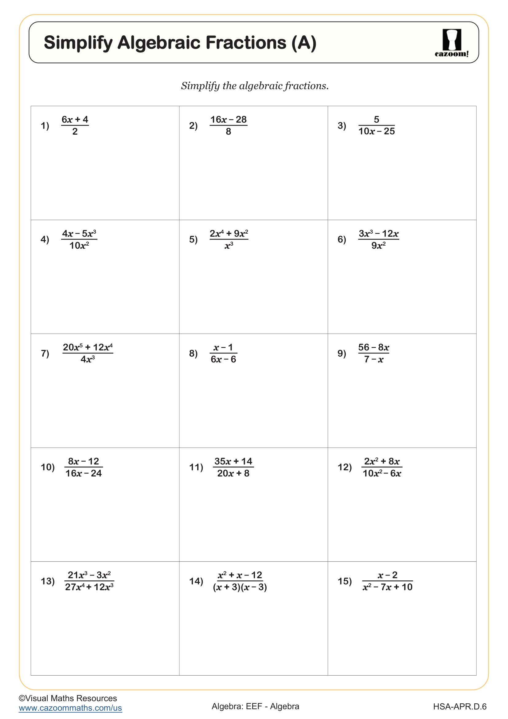 Preview of Simplify Algebraic Fractions (A)