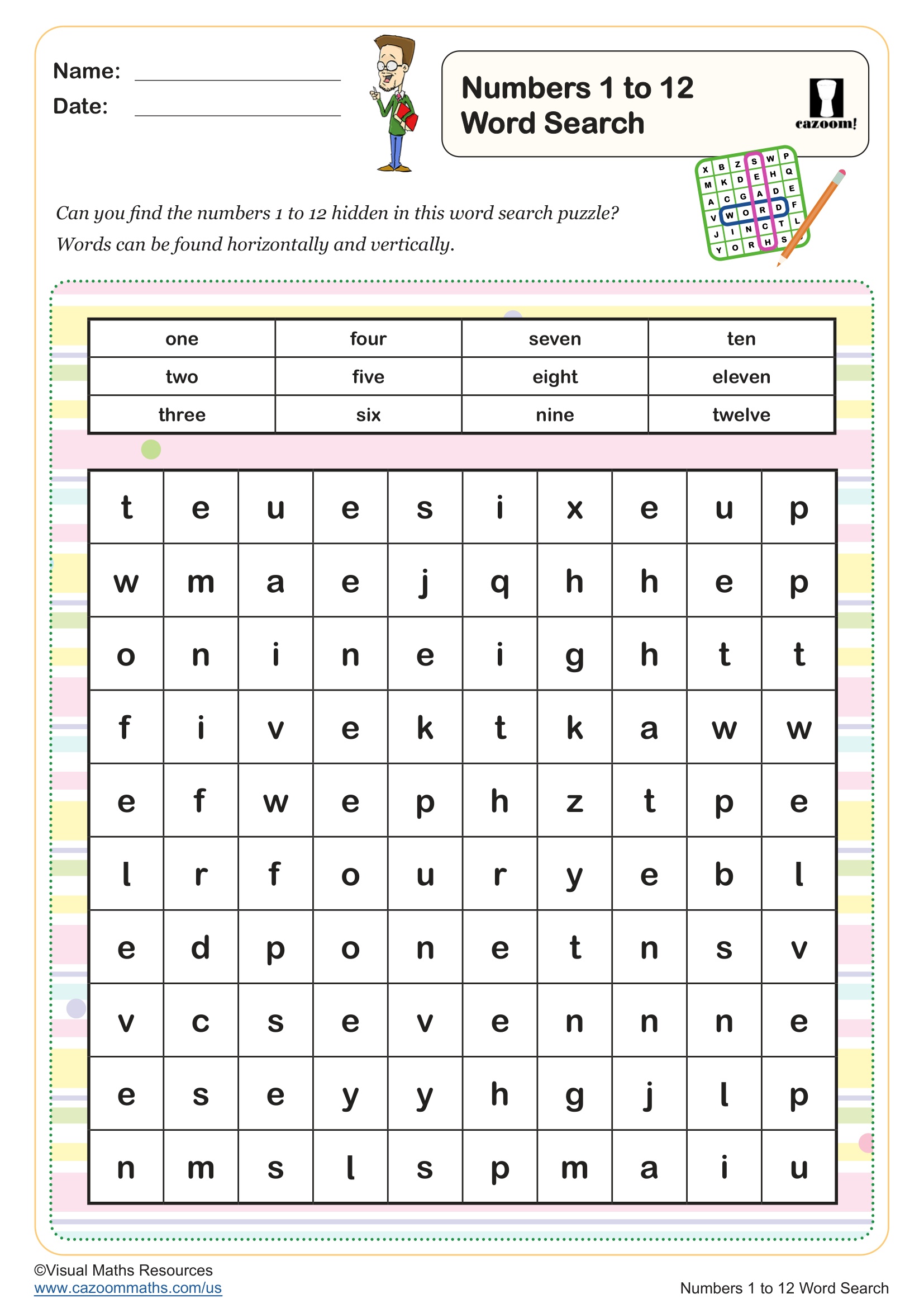 Preview of Numbers 1 to 12 Word Search