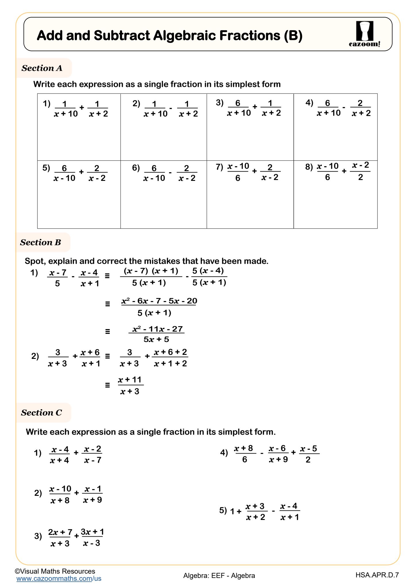 Preview of Add and Subtract Algebraic Fractions (B)