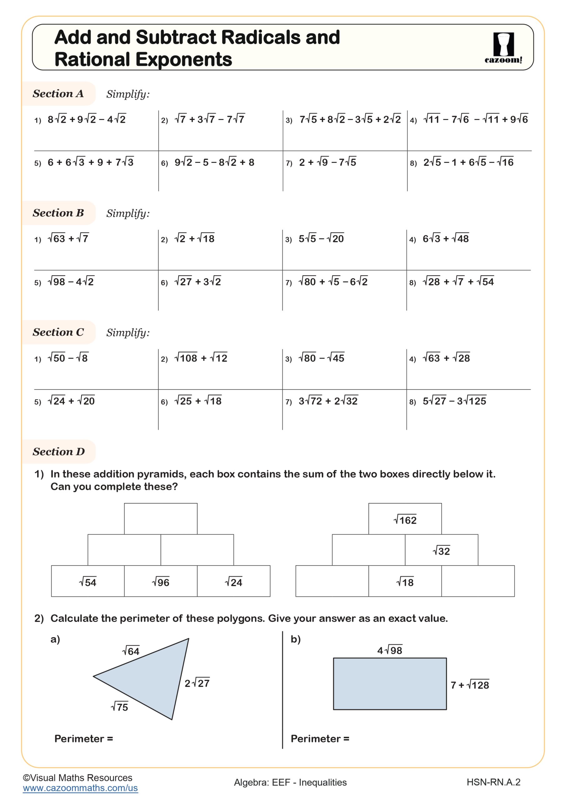 Preview of Add and Subtract Radicals and Rational Exponents