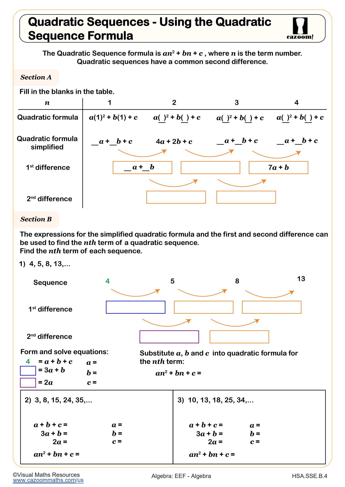 Preview of Quadratic Sequences - Using the Quadratic Sequence Formula