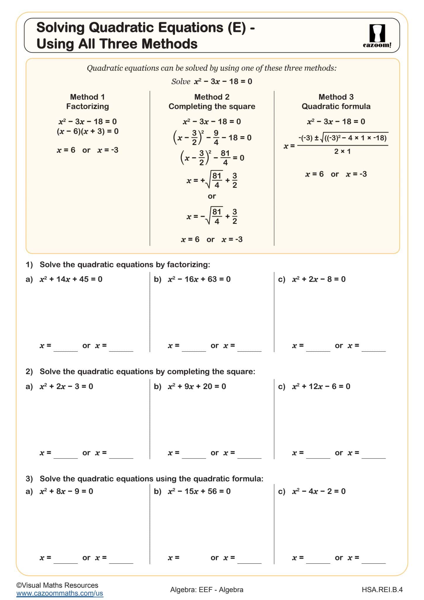 Preview of Solving Quadratic Equations (E) - Using all Three Methods