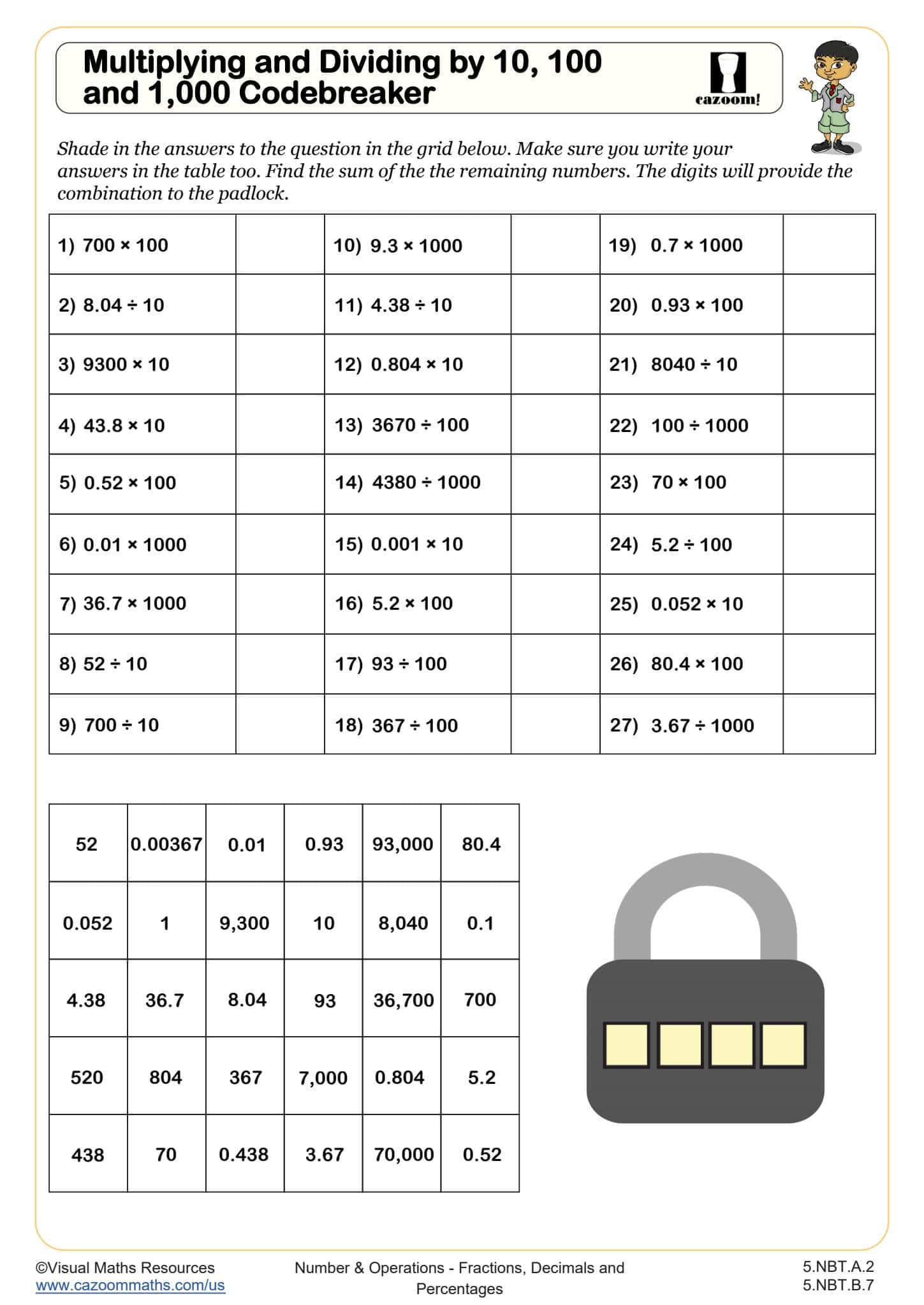 Preview of Multiplying and Dividing by 10, 100 and 1,000 Codebreaker