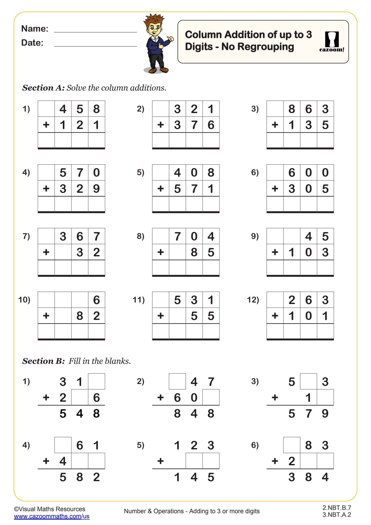 Preview of Column Addition of up to 3 Digits - No Regrouping