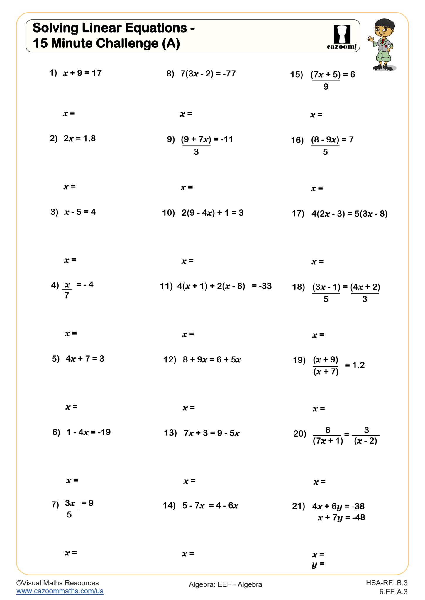 Preview of Solving Linear Equations - 15 Minute Challenge (A)