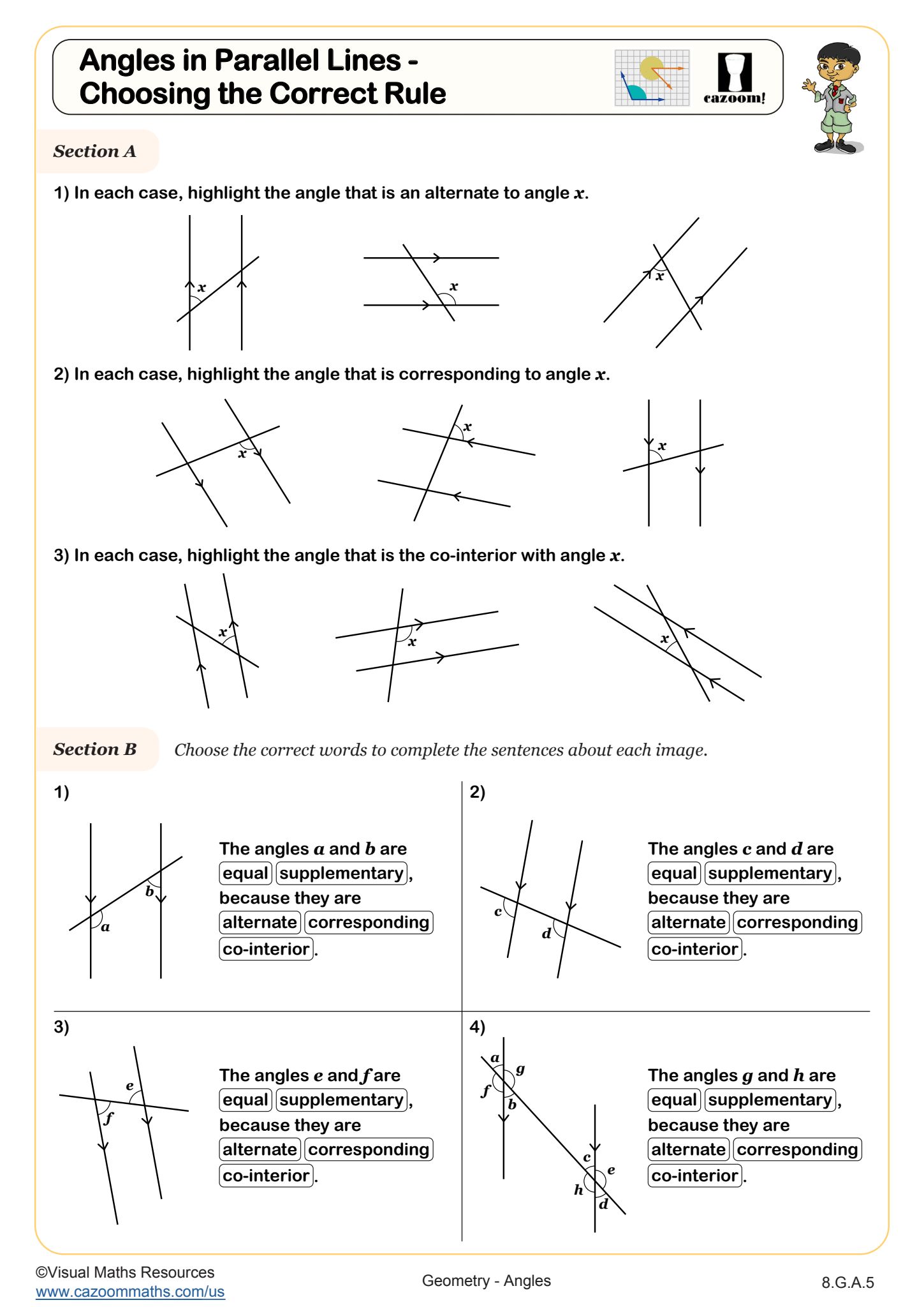 Preview of Angles in Parallel Lines - Choosing the Correct Rule