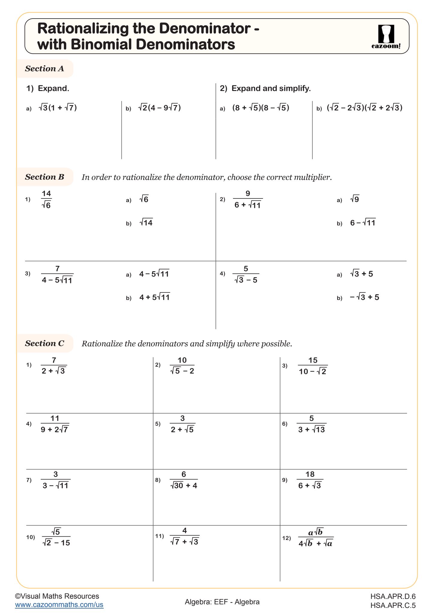 Preview of Rationalizing the Denominator - with Binomial Denominators