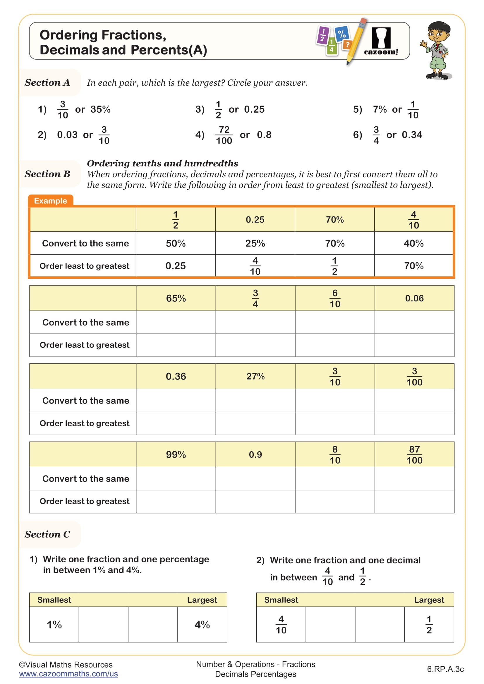 Ordering Fractions, Decimals, and Percents (A) worksheet