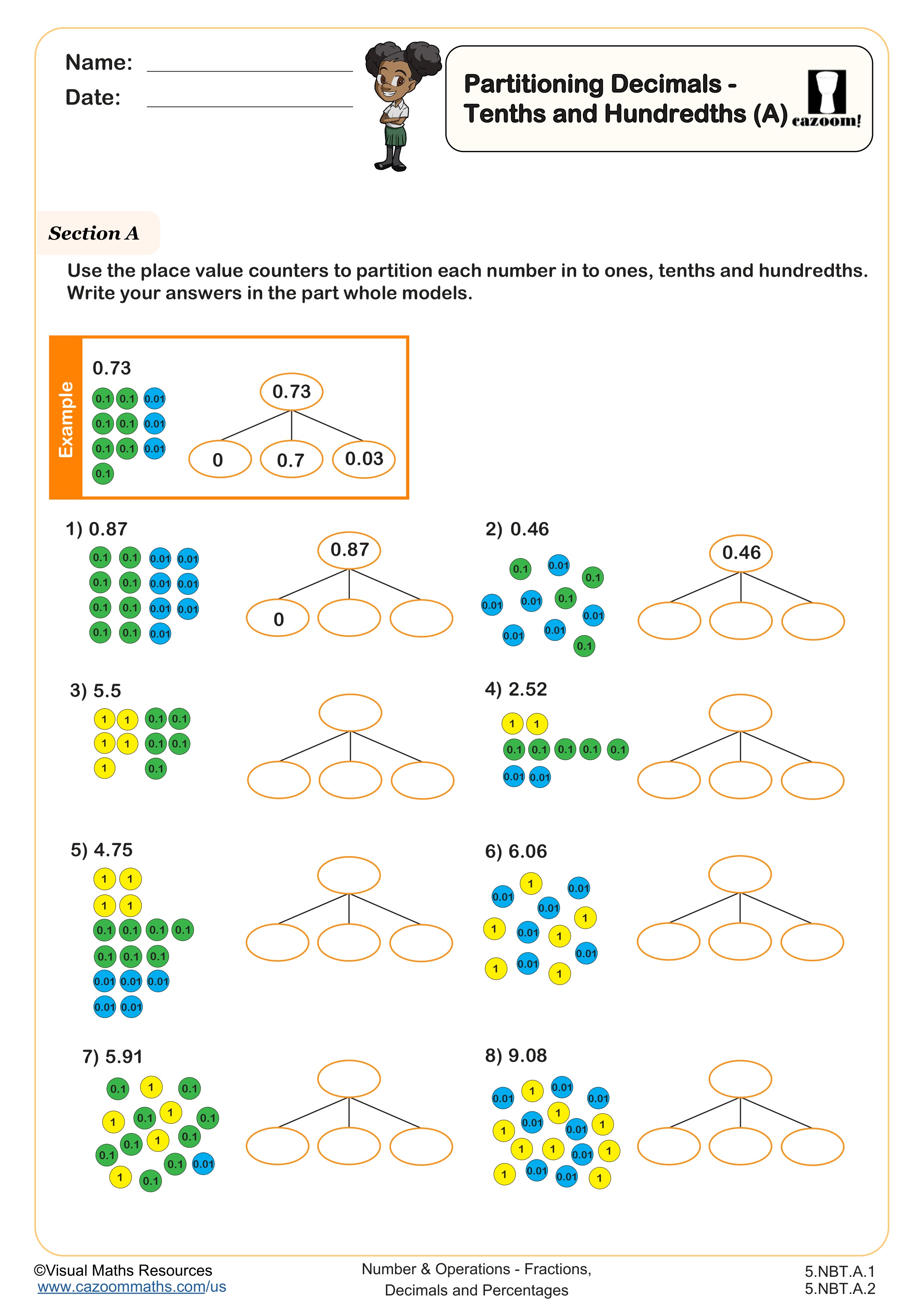 Preview of Partitioning Decimals - Tenths and Hundredths (A) 