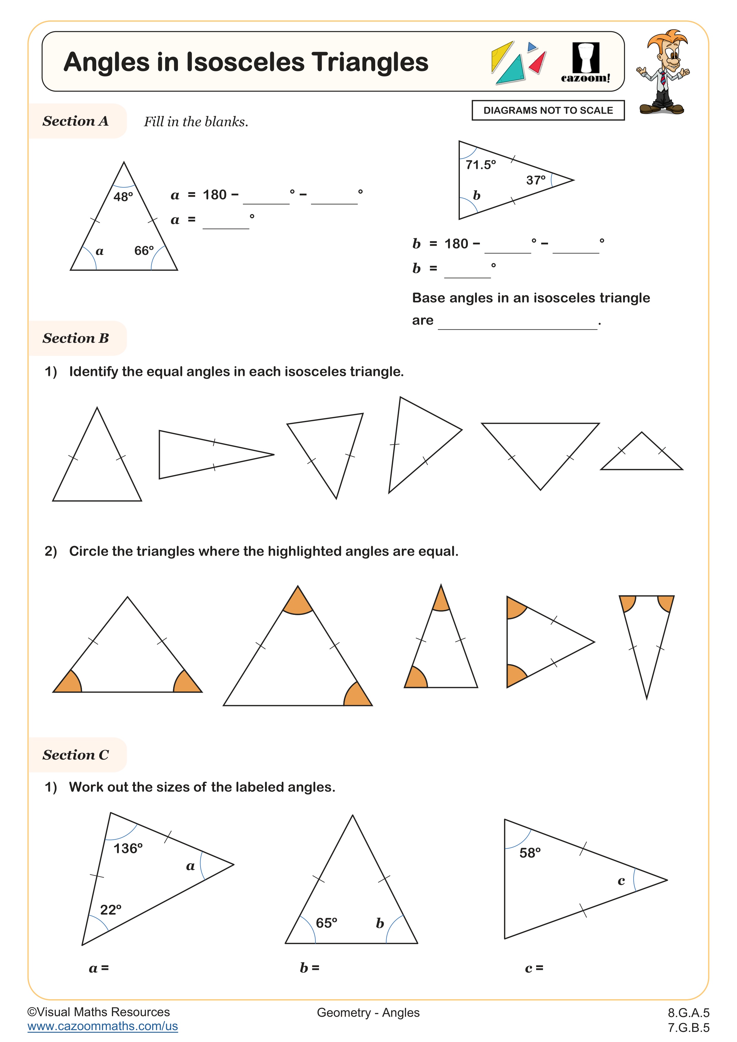 Angles in Isosceles Triangles worksheet