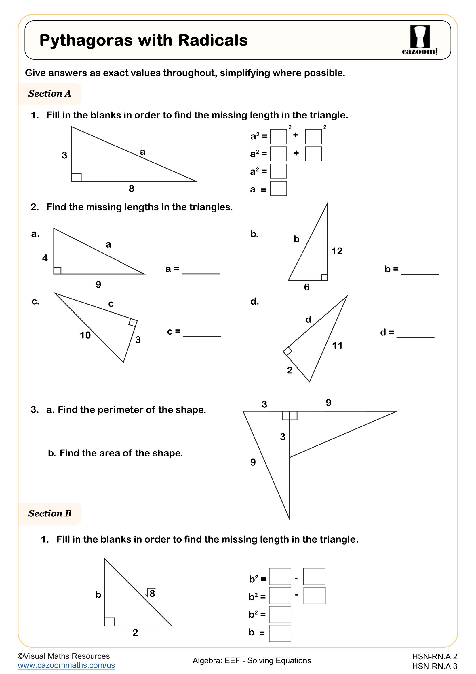 Pythagoras with Radicals worksheet