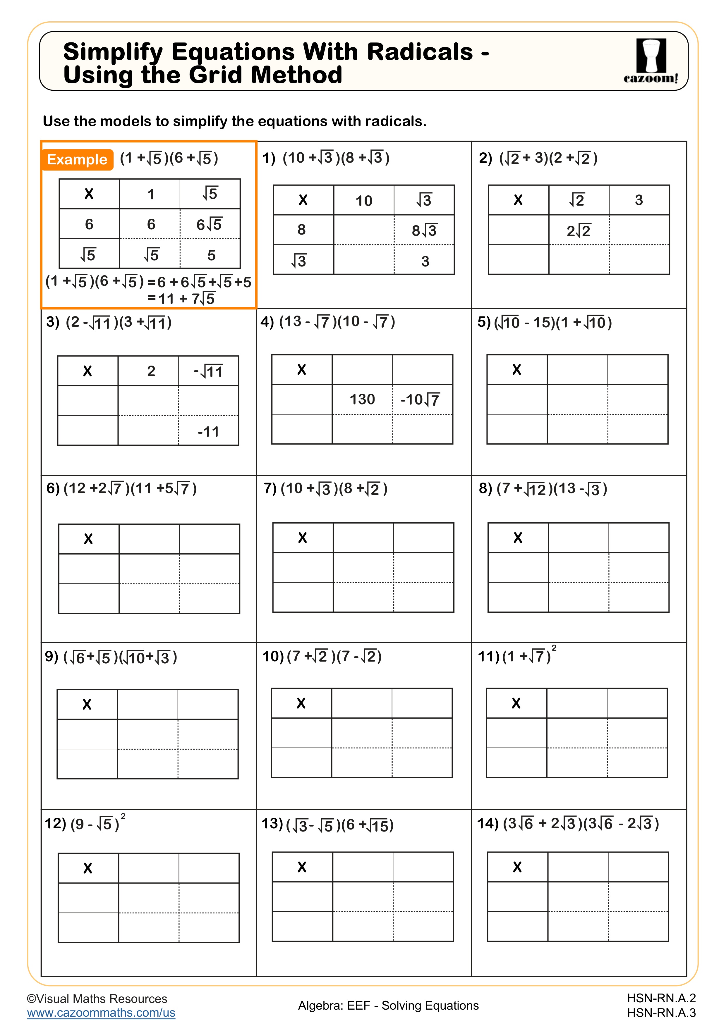 Simplify Equations with Radicals - Using the Grid Method worksheet