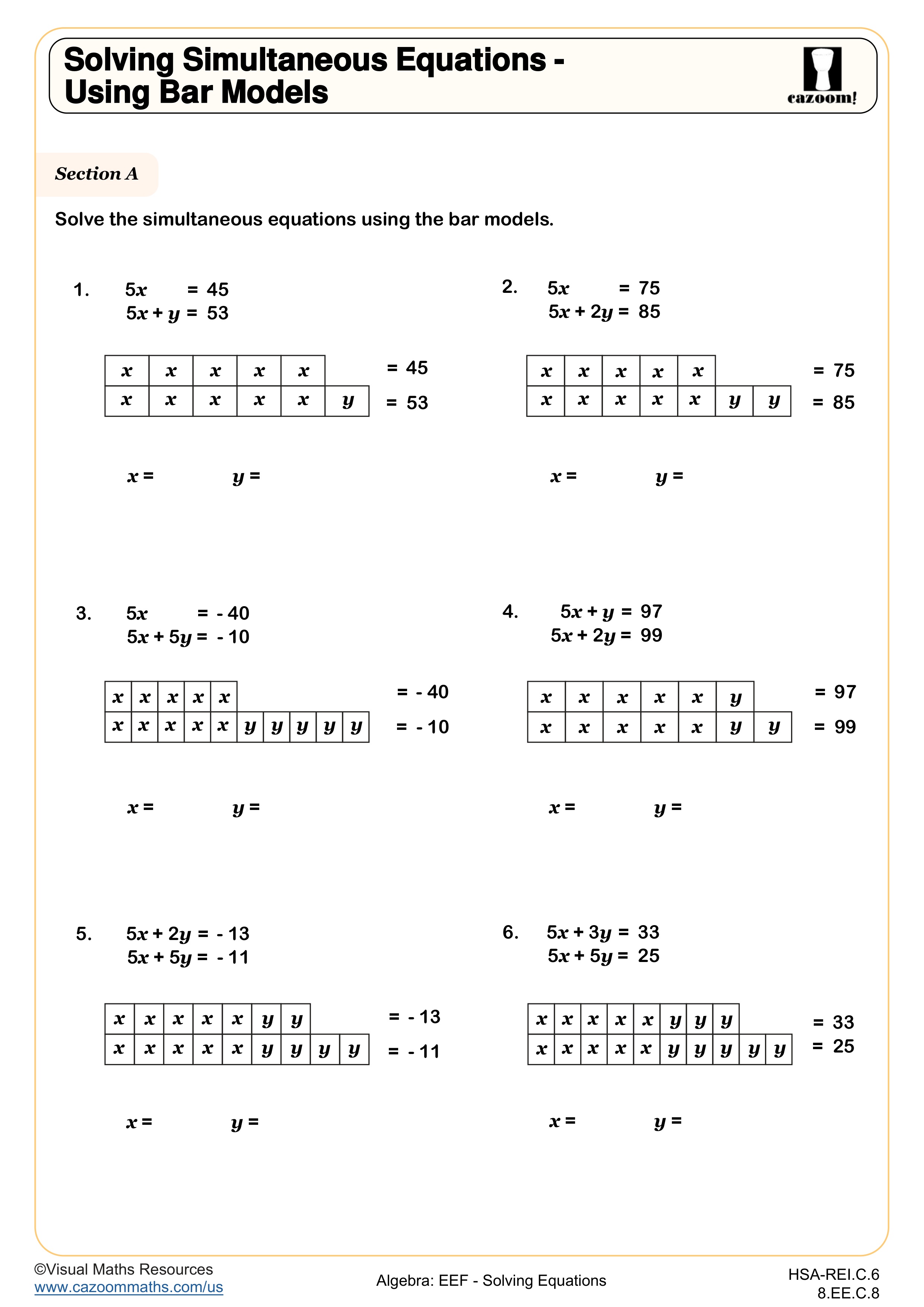 Solving Simultaneous Equations - Using Bar Models worksheet
