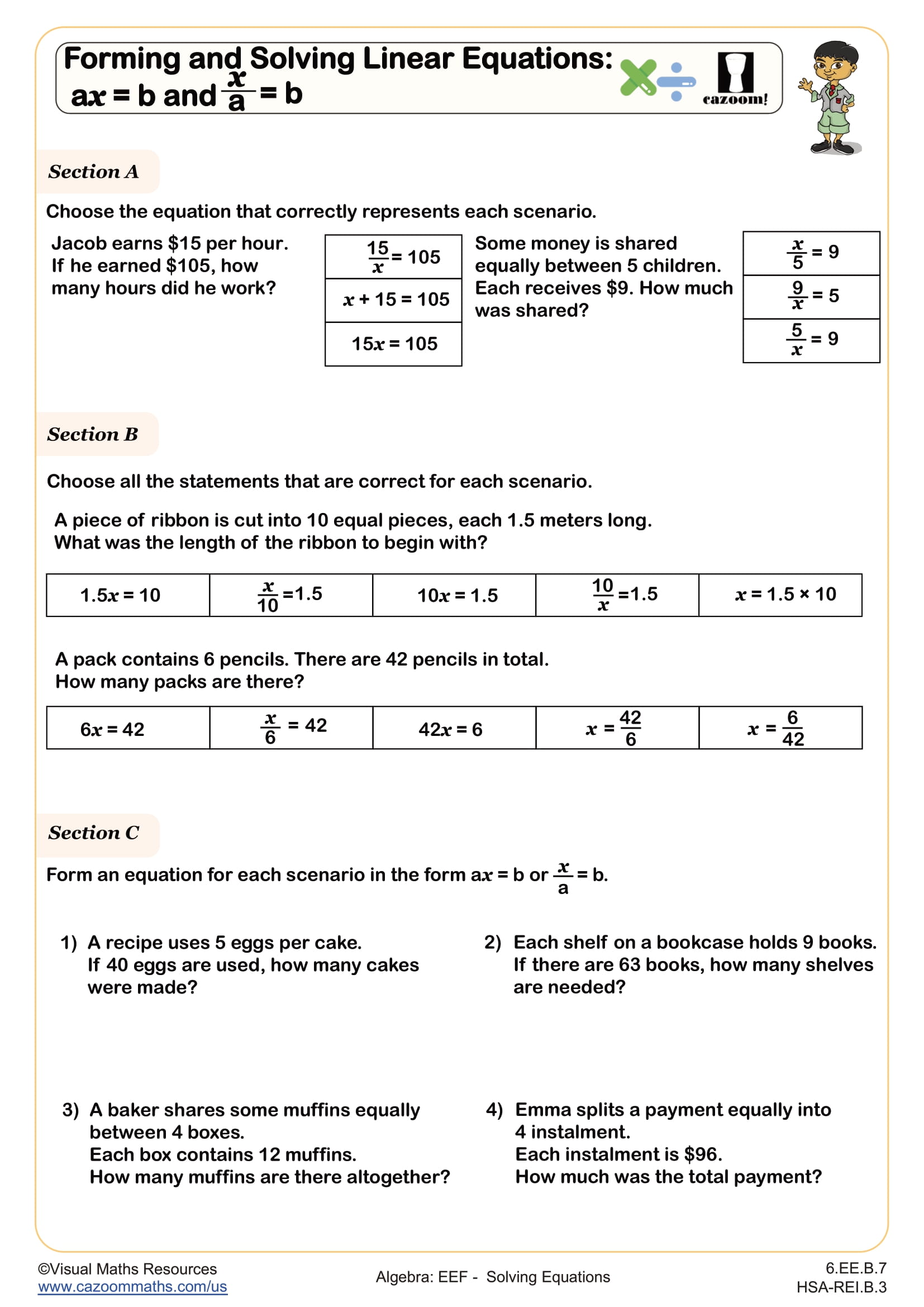 Forming and Solving Linear Equations: a𝑥 = b and 𝑥/a = b worksheet