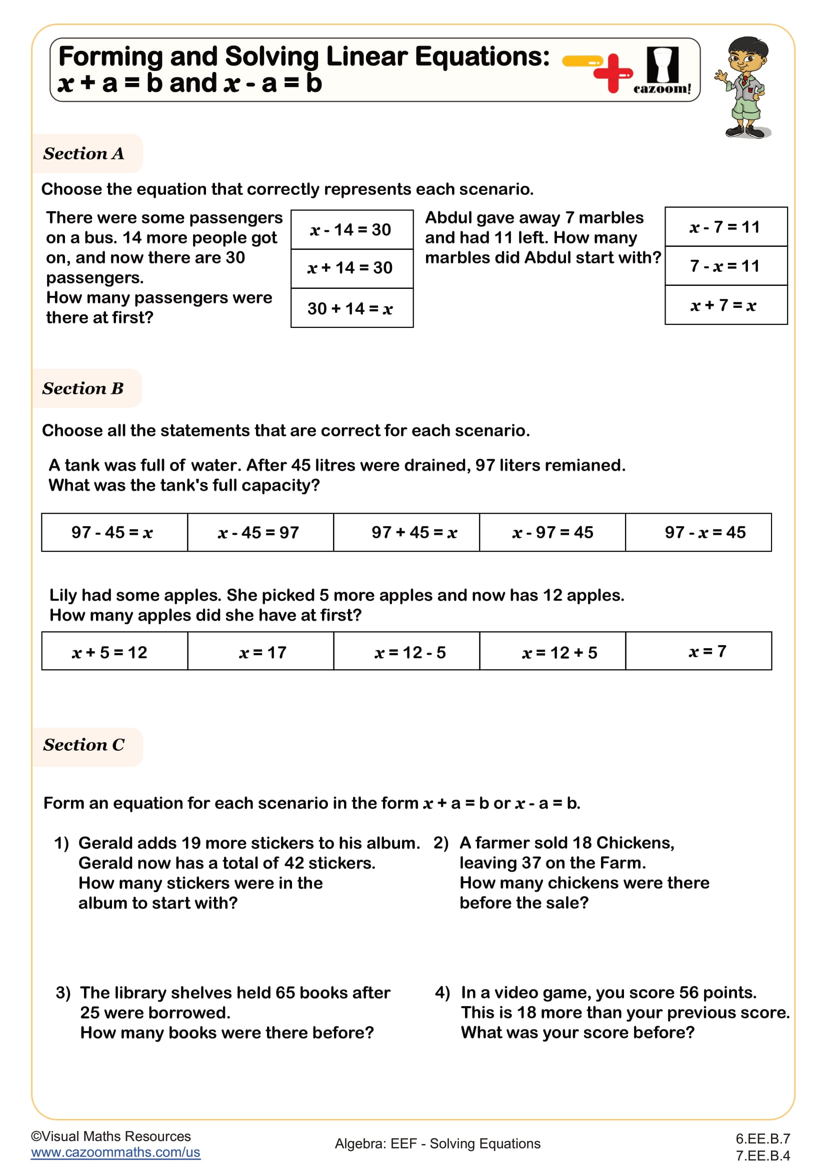 Forming and Solving Linear Equations: 𝑥 + a = b and 𝑥 - a = b worksheet