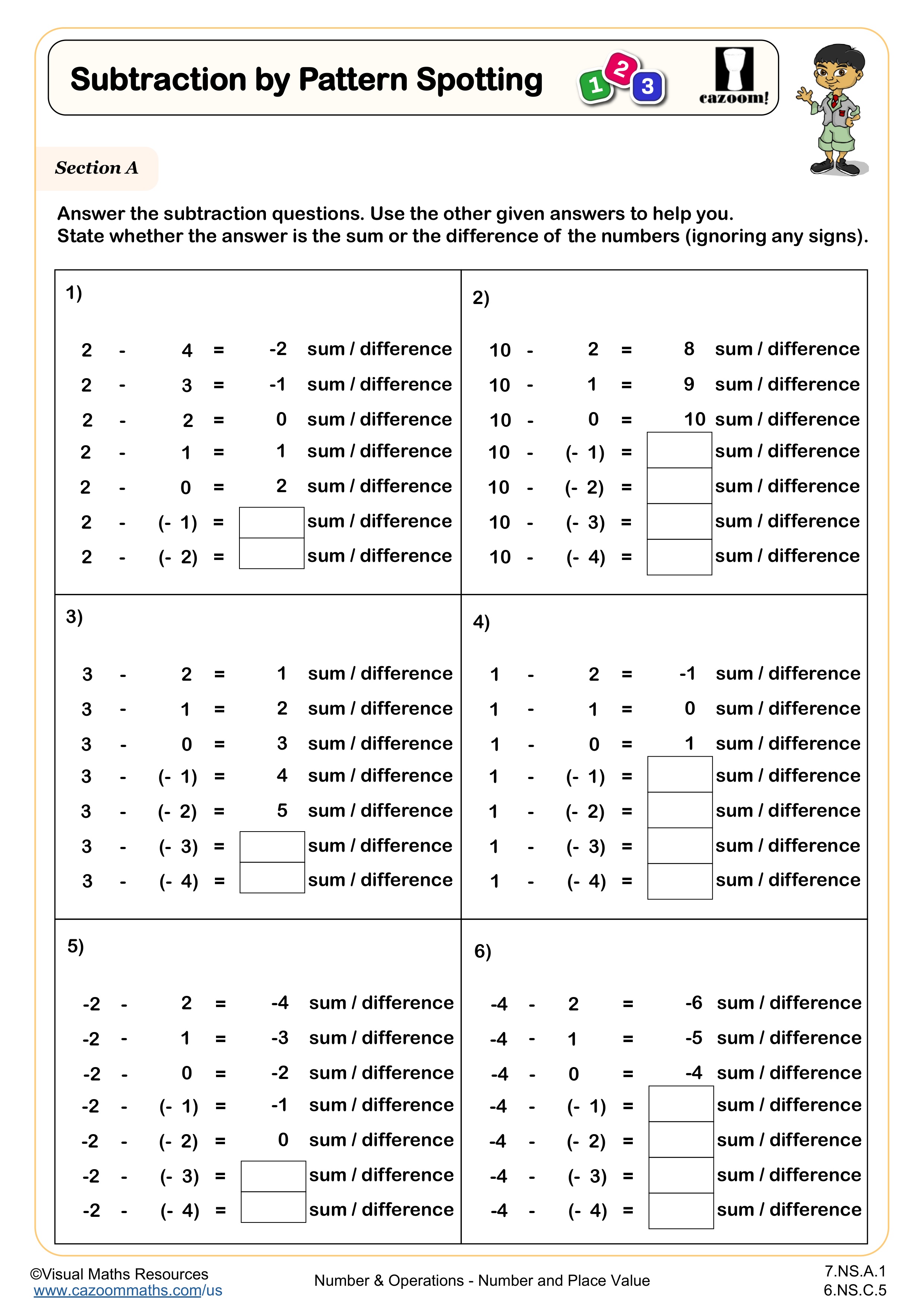 Subtraction by Pattern Spotting worksheet
