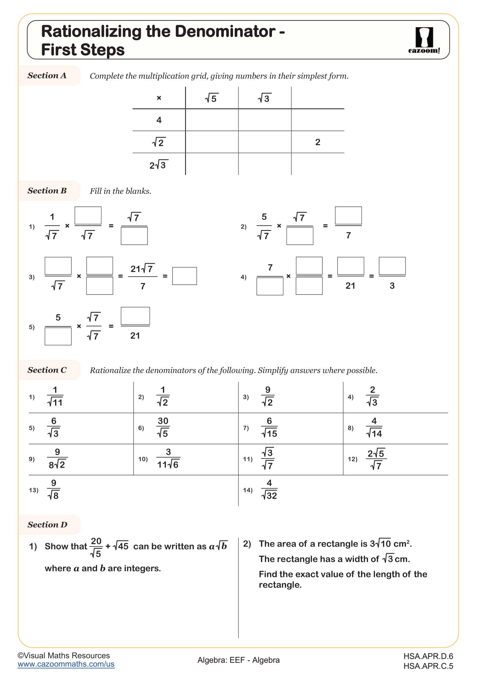 Rationalizing the Denominator - First Steps worksheet