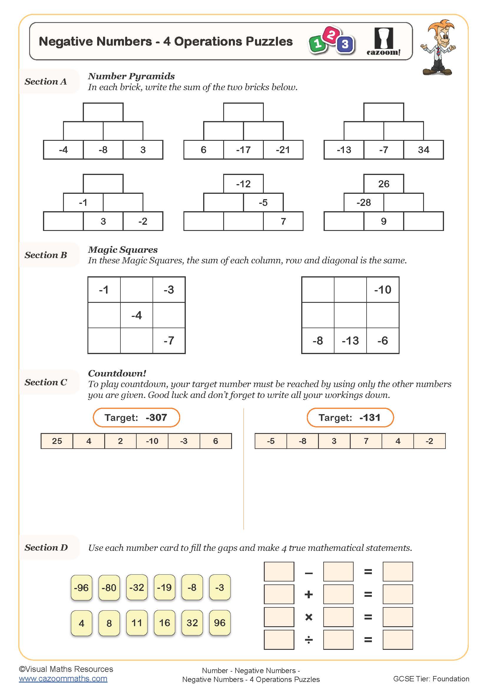 Preview of Negative Numbers - 4 Operations Puzzles