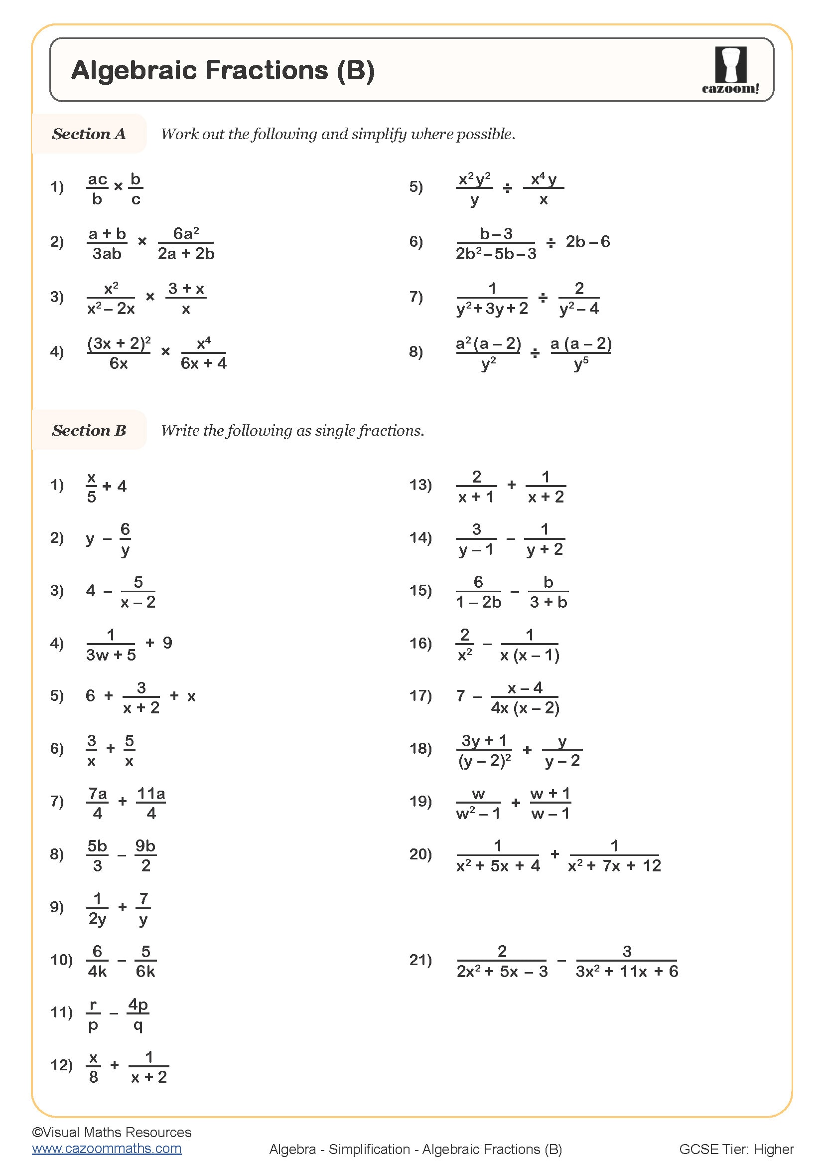 Preview of Algebraic Fractions (B)