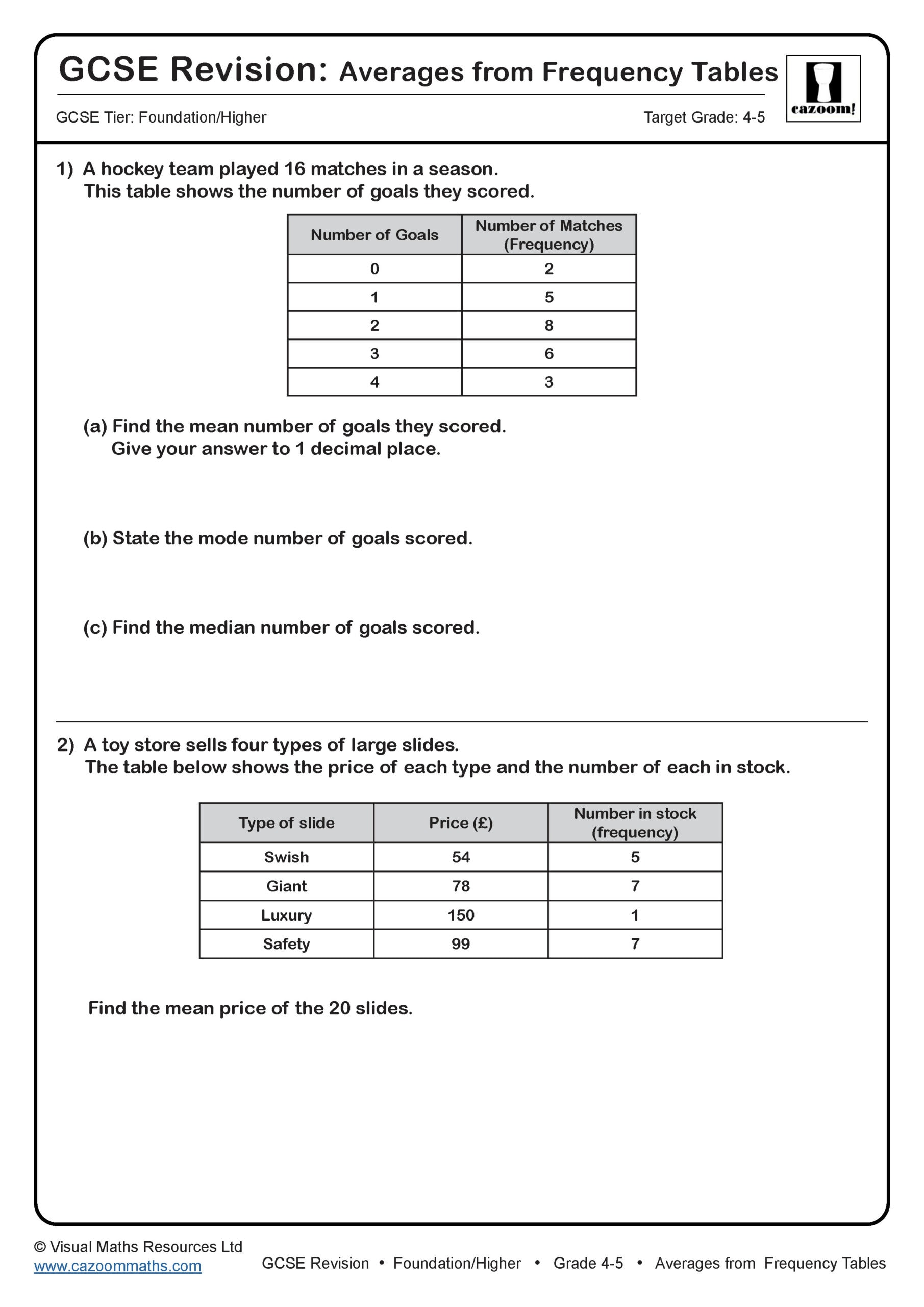 Preview of Averages From Frequency Tables