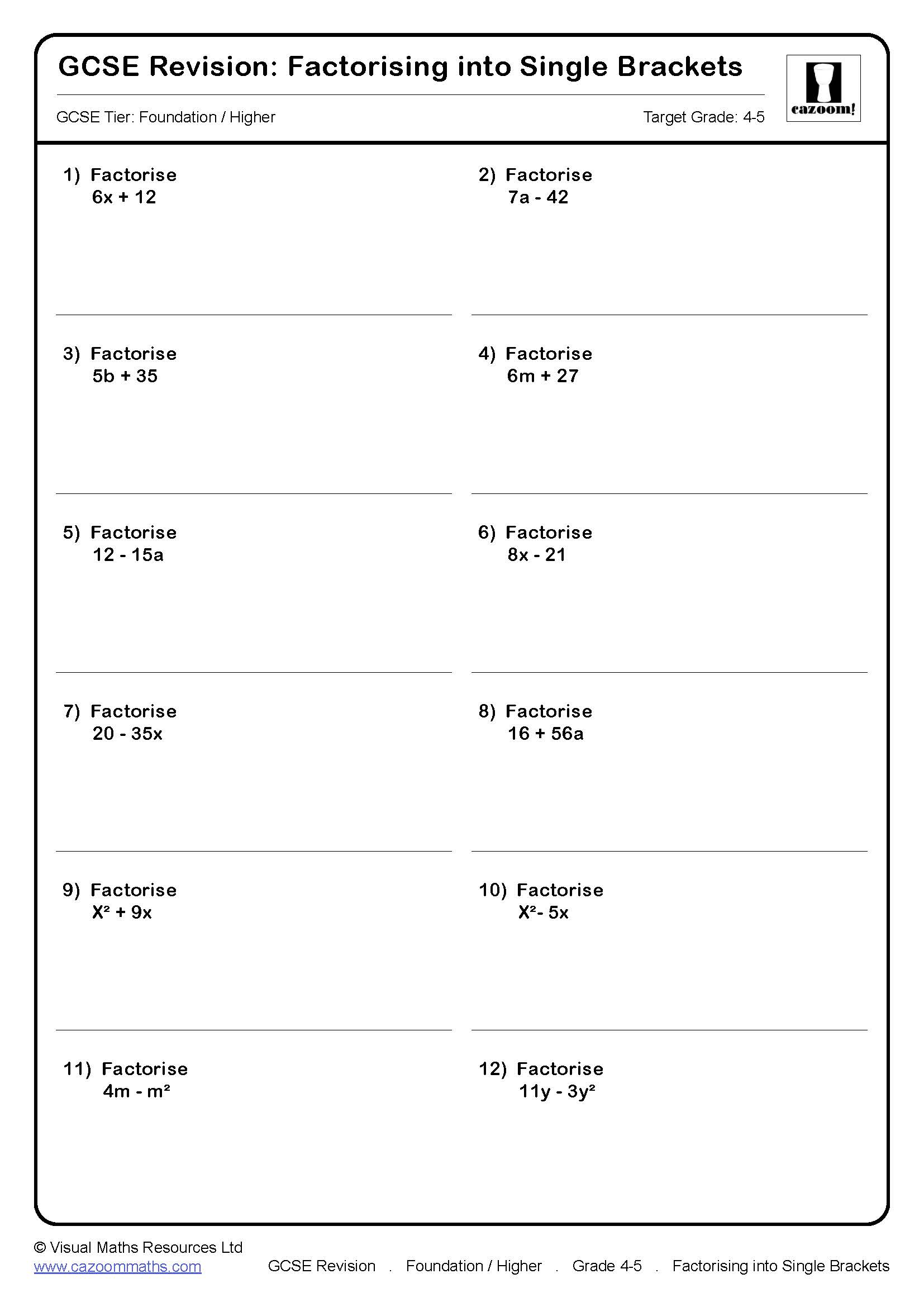 Preview of Factorising into Single Brackets (B)