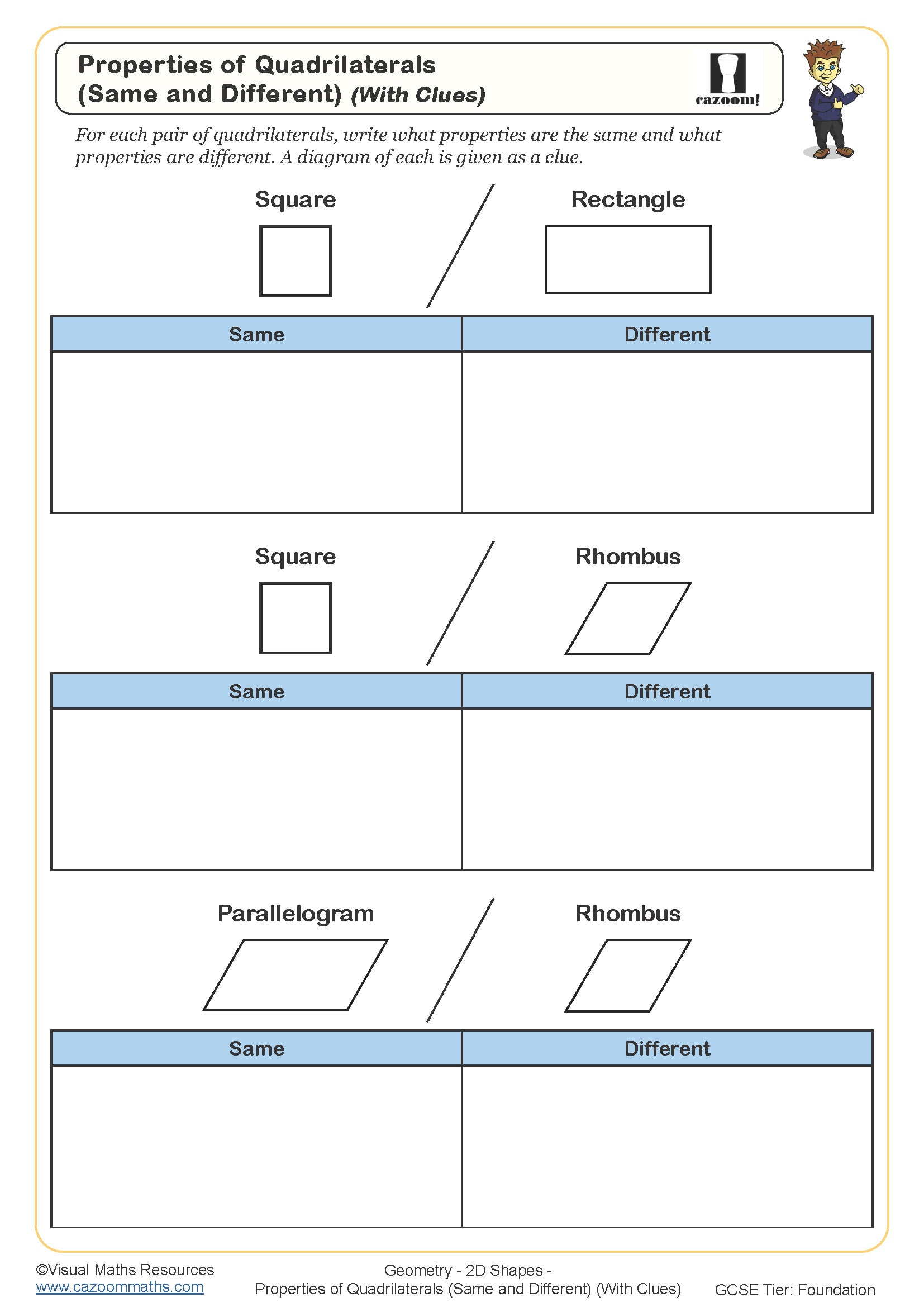 Preview of Properties of Quadrilaterals (Same and Different) (With Clues)