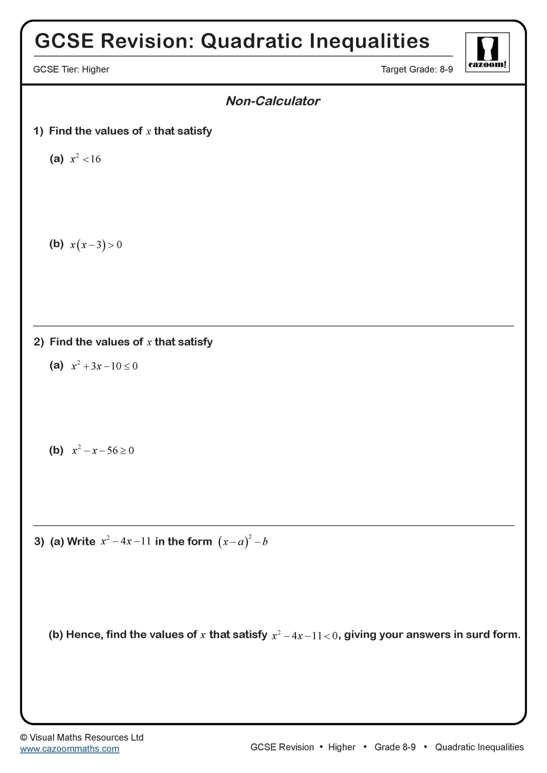Preview of Quadratic Inequalities