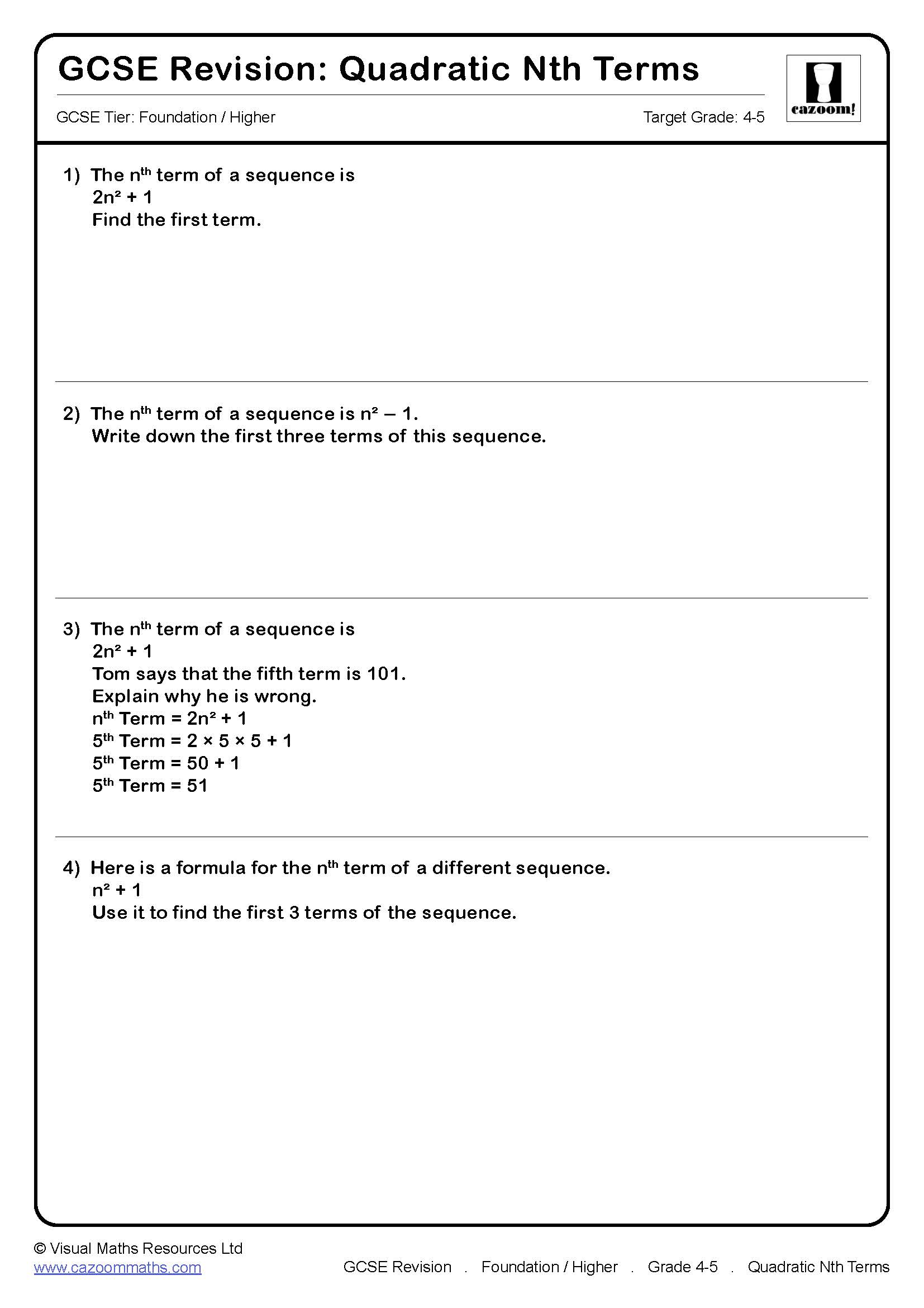 Preview of Quadratic Nth Terms