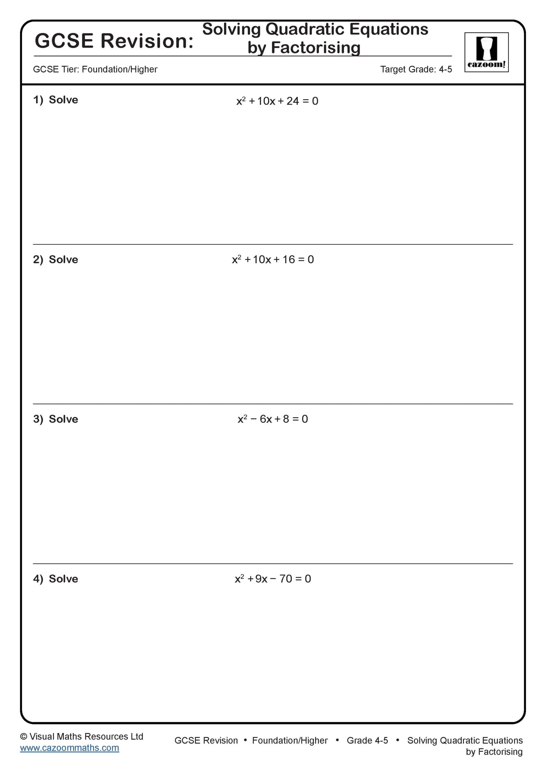 Preview of Solving Quadratic Equations by Factorising