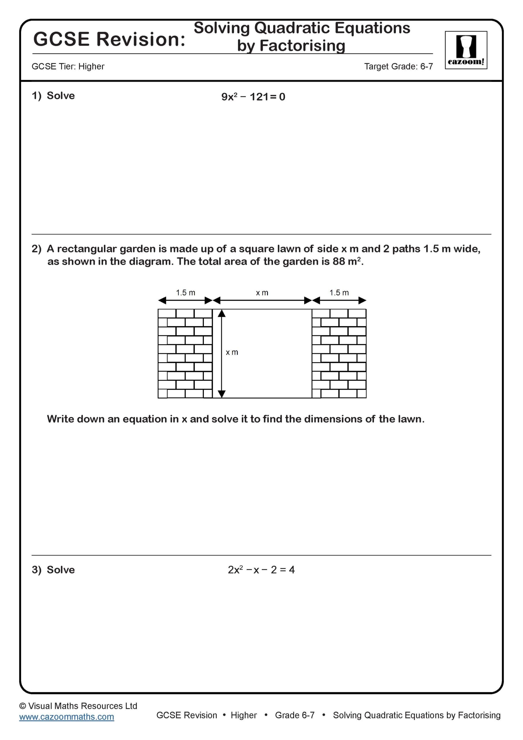 Preview of Solving Quadratic Equations by Factorising (B)