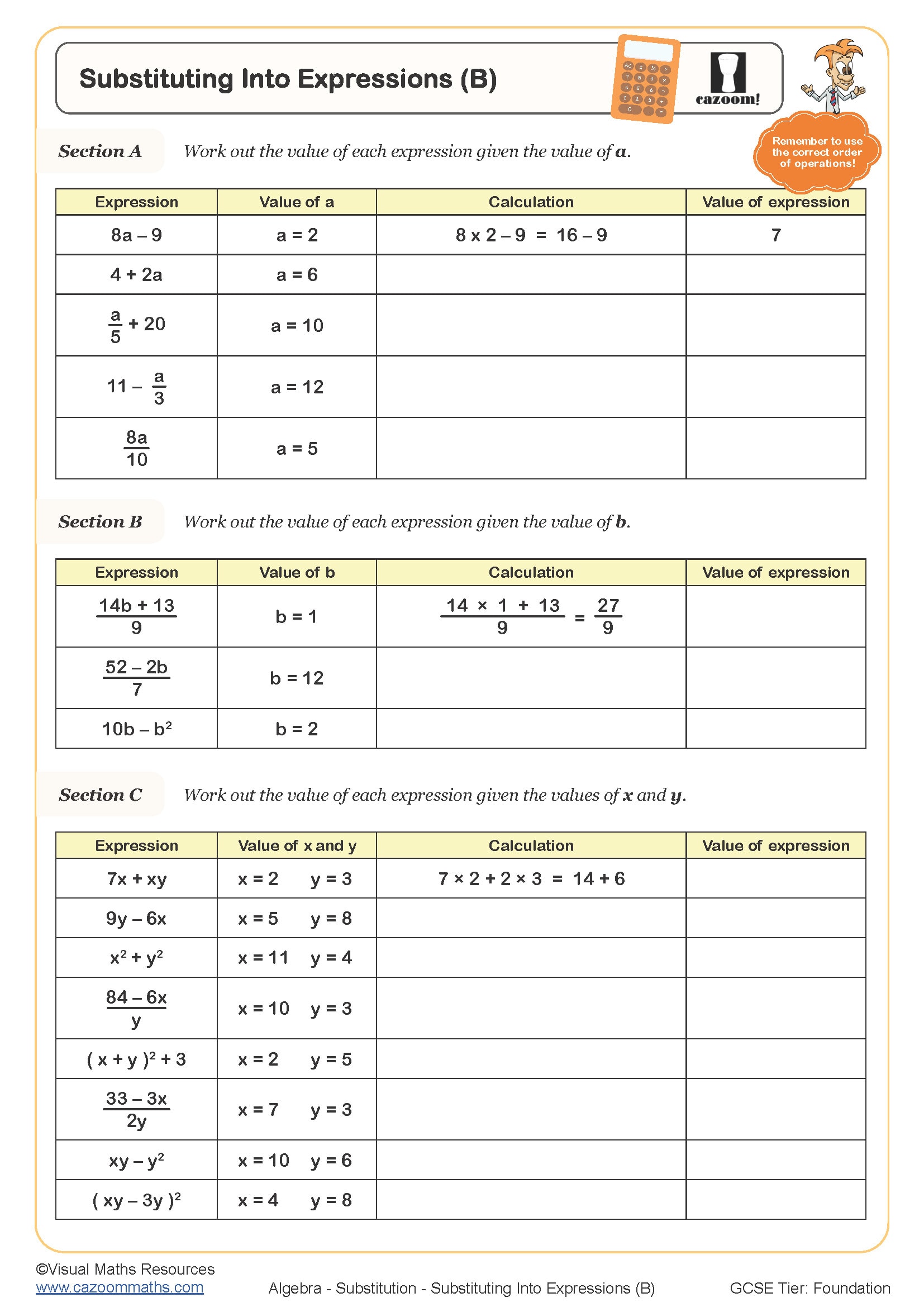 Preview of Substituting into Expressions (B)