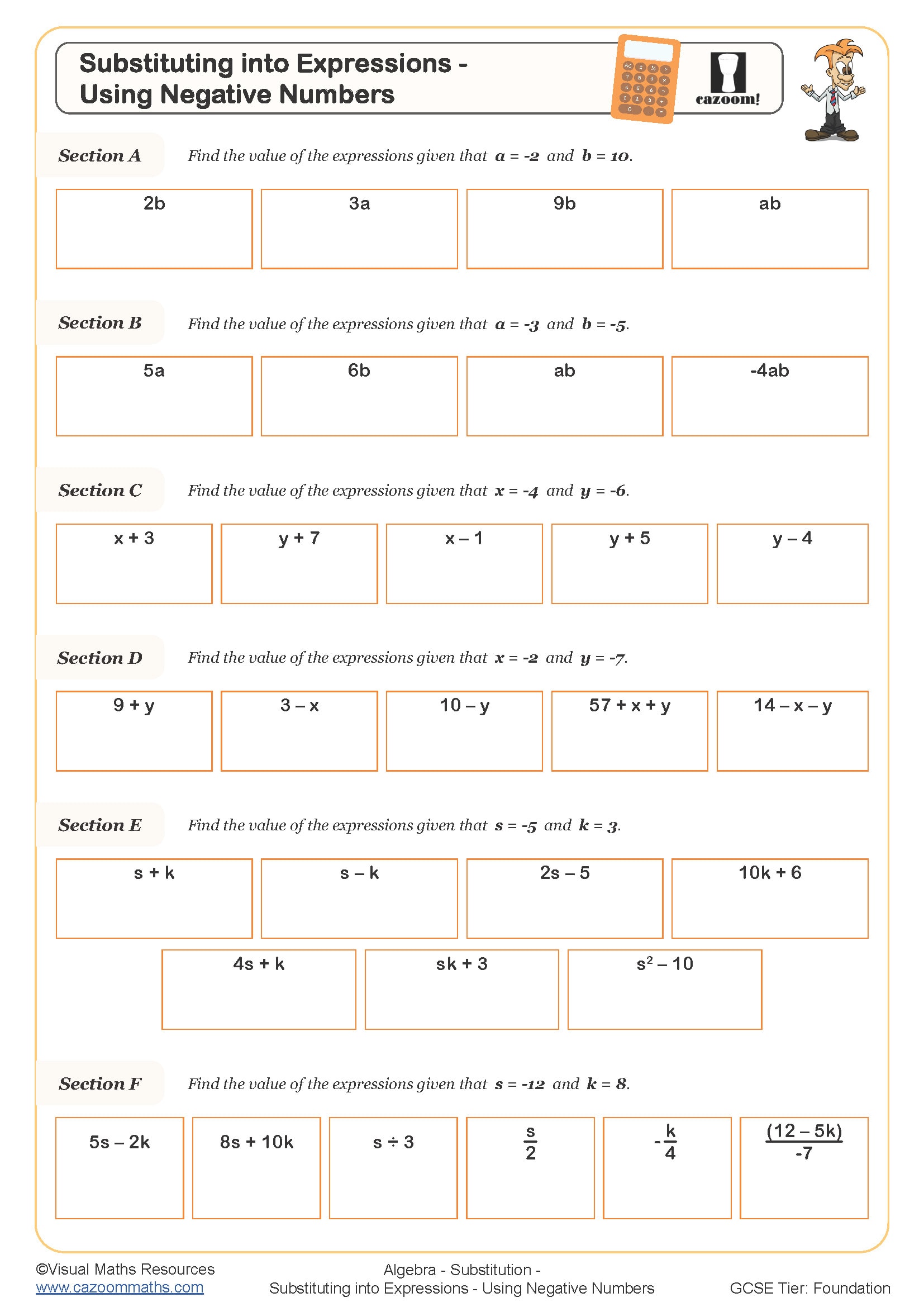 Preview of Substituting into Expressions using Negative Numbers